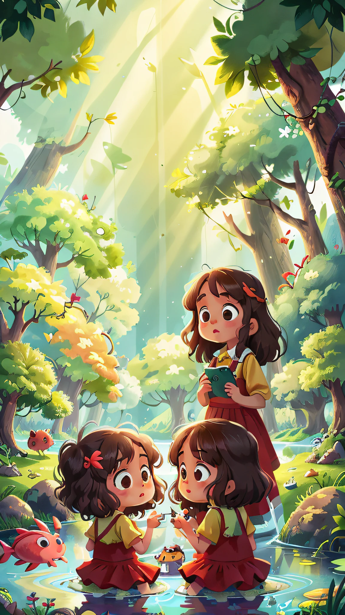 Two twin girls looking at the fish in the lake, curly brown hair.