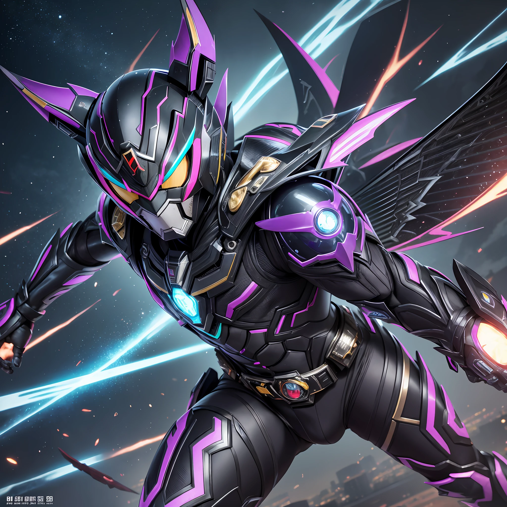 Photo quality, city, new Kamen Rider, Metal Rider, Cat-like robot, animal motifs, cat ears, with tail, winged, Kamen Rider Kiva, Kamen Rider Agito, Kamen Rider Geetsu, Kamen Rider Build, Metal Gear, Powered suit, blue and purple armor, battle suit, costume style, armor, armor, enhanced suit, cosplay, high definition photo quality, 8K, Belt is big, mecha, eyes are glowing, night, summer, fight, struggle, intimidating, metallic, hard, latest kamen rider, kamen rider wizard, kamen rider ghost,