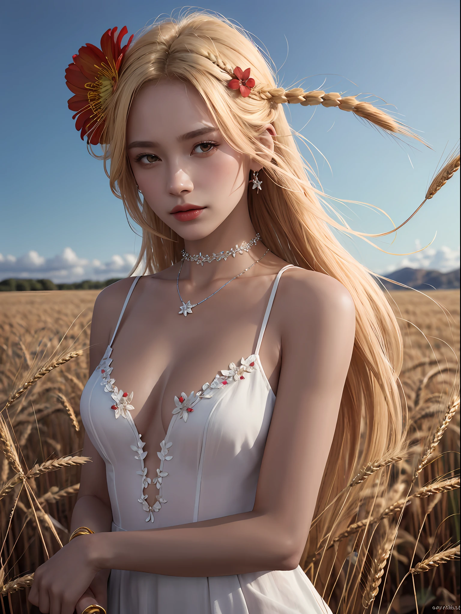 1girl,solo,jewelry,necklace,dress,red skin,colored skin,hair ornament,breasts,long hair,flower,blonde hair,choker,realistic,watermark,hair flower,medium breasts,looking at viewer,web address,own hands together,cleavage,wheat,wheat floating around,wheat in air,blowing,standing in wheat field,