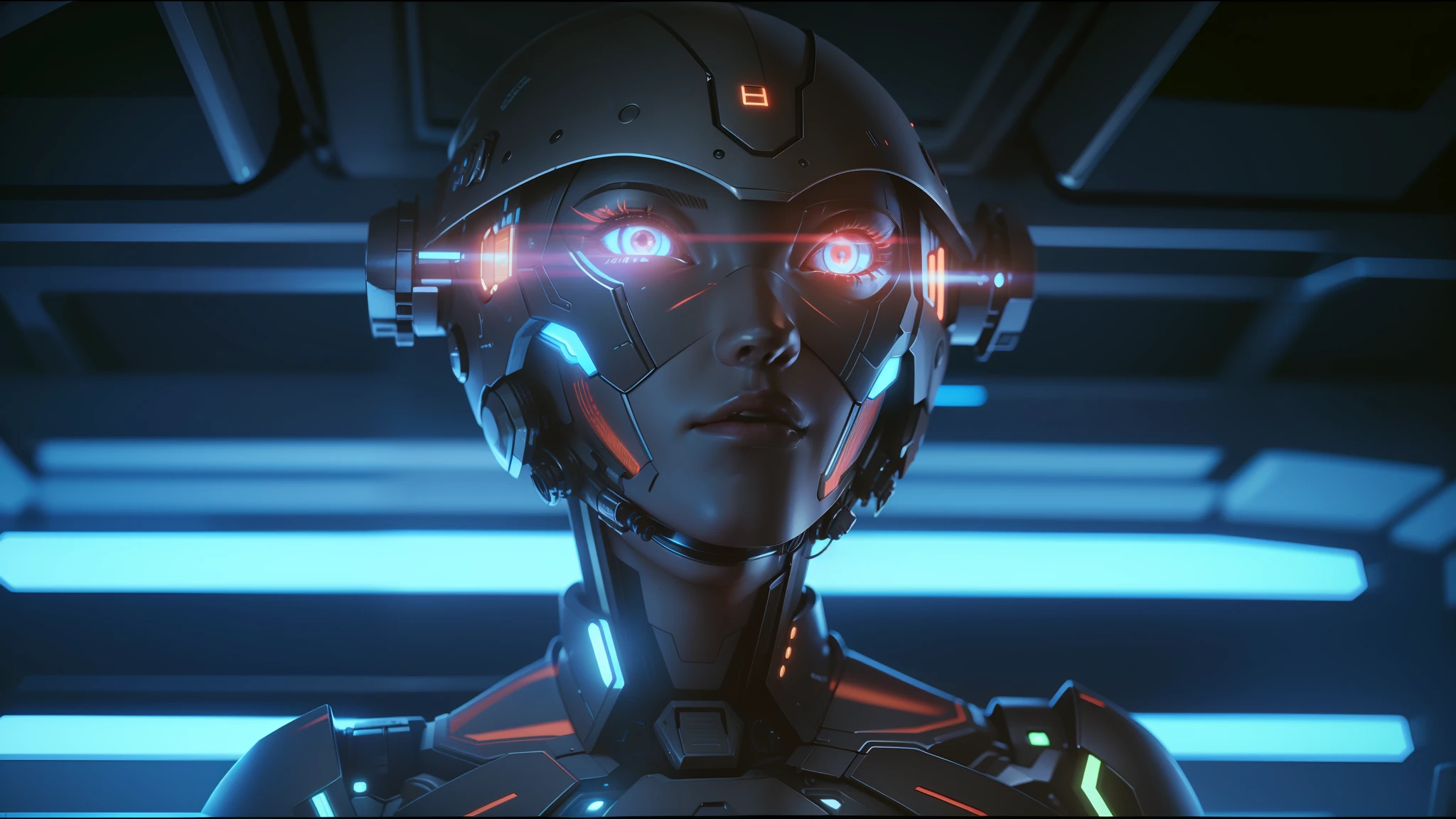 a close up of a robot with glowing eyes and a helmet, cgsociety 9, movie still of a alien cyborg, ash thorp, cgsociety - n 5, cinematic unreal 5, female cyborg in data center, movie still of a cyborg, rendred in redshift, 2 0 2 1 cinematic 4 k framegrab, cyberpunk art ultrarealistic 8k --auto --s2