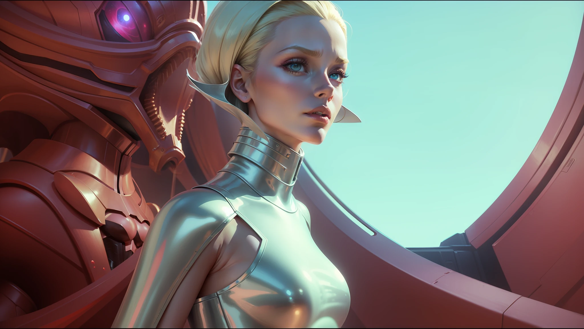 blond woman in silver dress standing in front of a giant red dragon, as a retro futuristic heroine, retro futuristic fashion, futuristic sci-fi fashion, style = retro-futurism, cyborg goddess in cosmos, still from movie dune, fashionable futuristic woman, beautiful android woman, by Jan Tengnagel, “ femme on a galactic shore, movie still of the alien girl --auto --s2