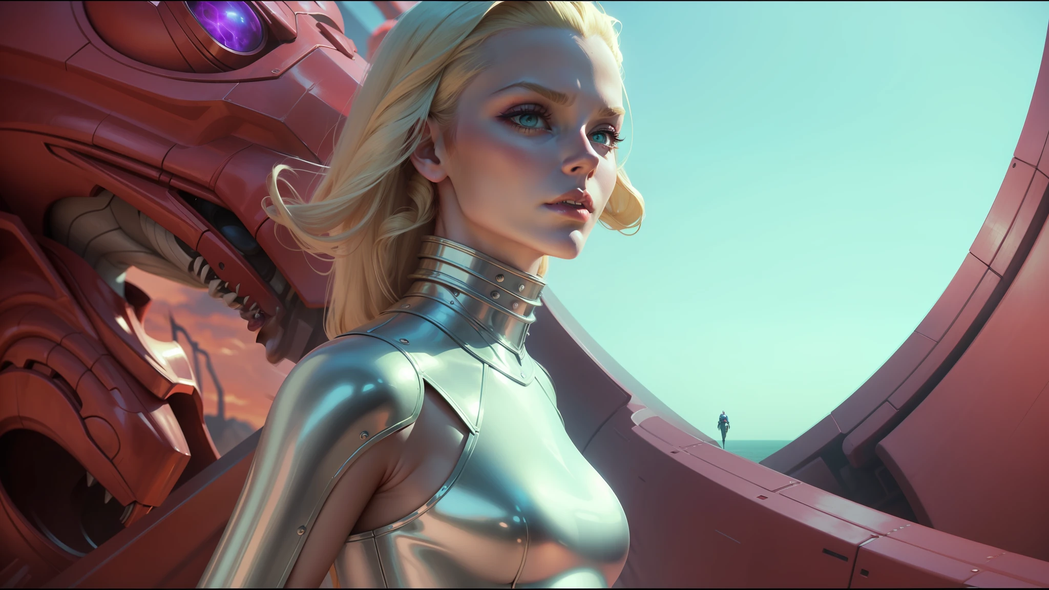 blond woman in silver dress standing in front of a giant red dragon, as a retro futuristic heroine, retro futuristic fashion, futuristic sci-fi fashion, style = retro-futurism, cyborg goddess in cosmos, still from movie dune, fashionable futuristic woman, beautiful android woman, by Jan Tengnagel, “ femme on a galactic shore, movie still of the alien girl --auto --s2
