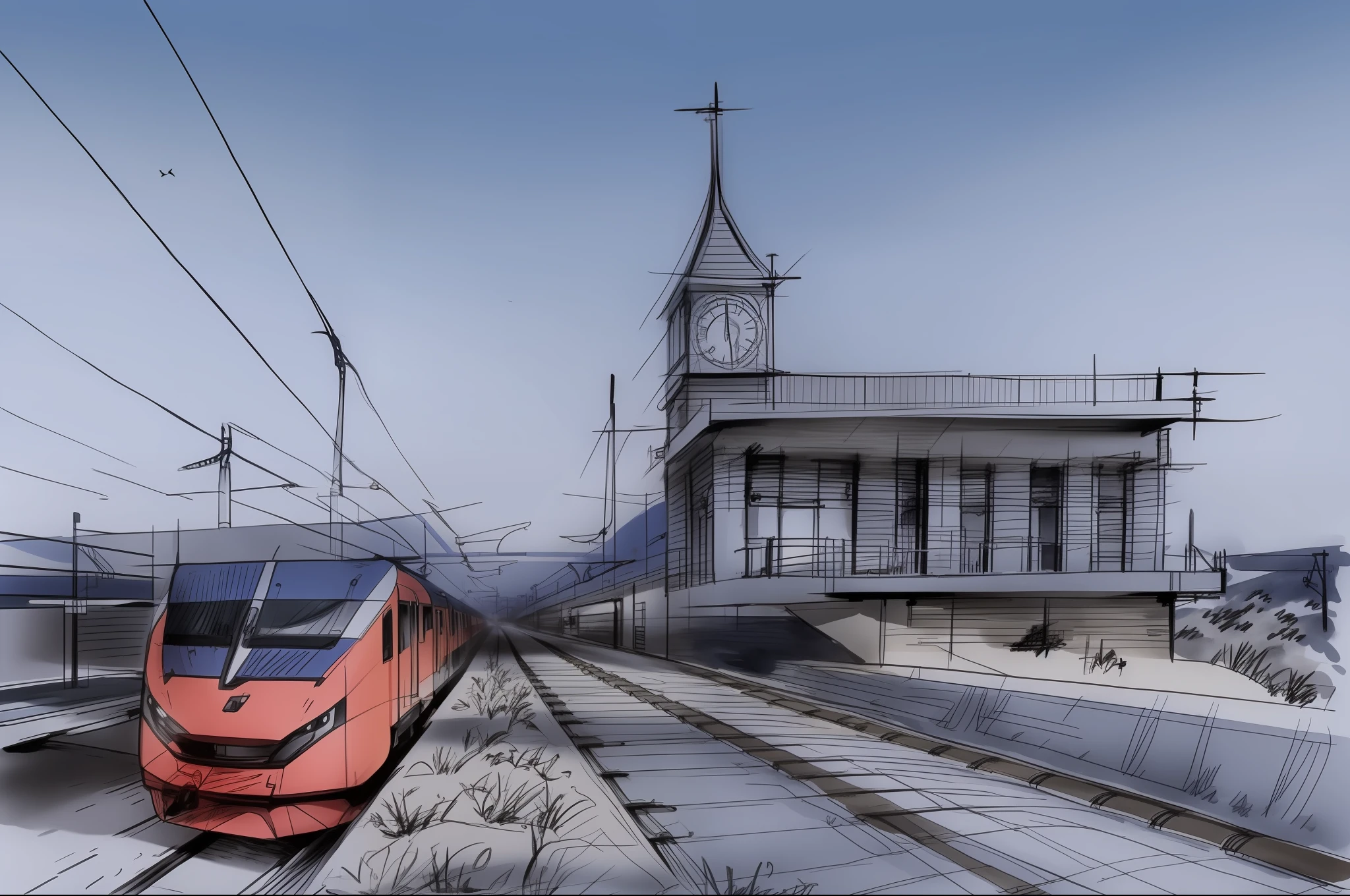 sketch, sketch, railway station, pen_sketch_style, electric train