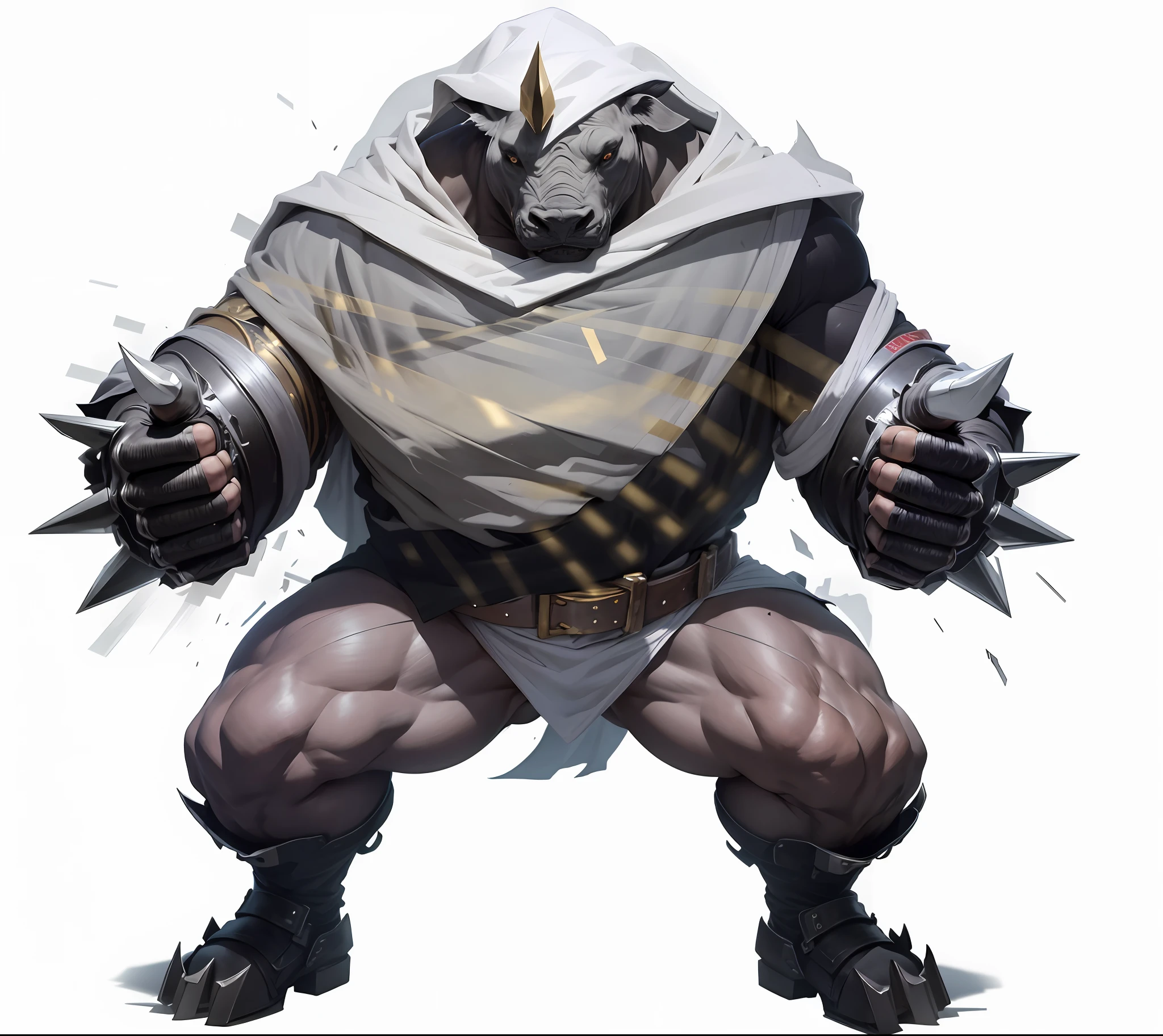 8k, realistic, charismatic, very detailed, rhinoceros, full body, ray-traced images of Arthur Pan, trends on Artstation, digital art, dramatic shadows and beautiful vivid color capture scenes. Romantic art style, flat perspective, character standing painting, rhinoceros, mummy, stripes on muscles, moon, bandage entanglement, rhinoceros horn, strips of cloth, gold, bullet tracks, metal, nails, muscles