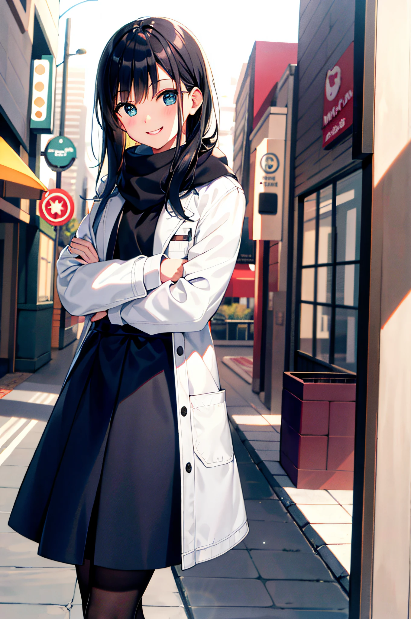 (morning), one girl, one, looking viewer, winter, cowboy shot, (downtown), cowboy shot, smile, black hair