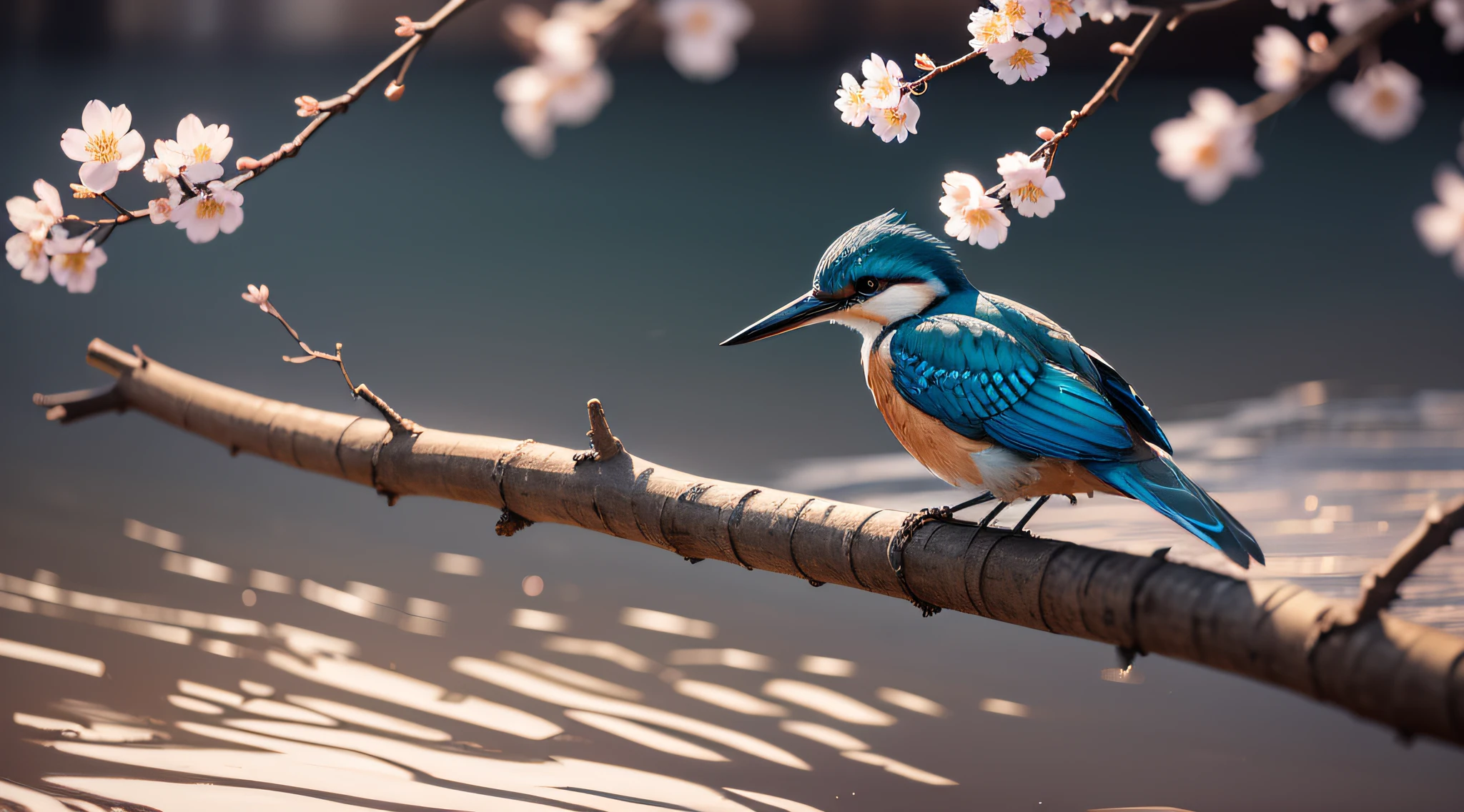 Superb Kingfisher Near White Cherry Blossoms on Branches, Dark, Dawn, (Cold Morning: 1.1), (Morning Dew: 1.15), Realistic Photography, (Low Photo: 1.2), Detail, 8K, Intricate Folded Feathers, Water Droplets on Feathers, (to8contrast style), (MIST: 0.7), Bright Colors, Sony a6600 Mirrorless Camera, embellish2 --auto --v 6