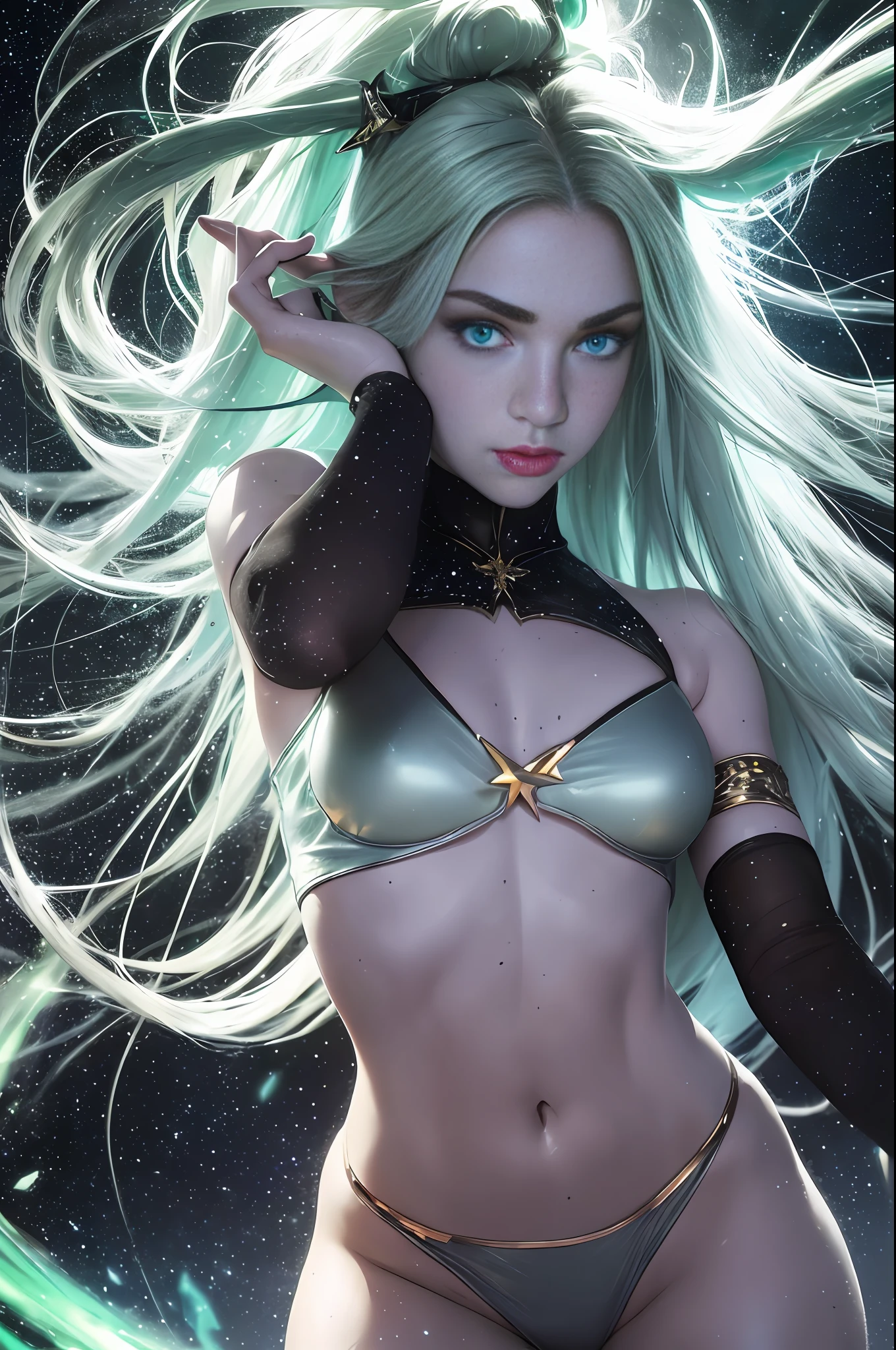 a portrait of a elf girl with freckles and bright striking blue eyes posing for a photo,full body, bare shoulders, muscular, fit, defined abs, thongs, (prominent cameltoe) white freckles, long flowing green hair flying, glowing radiance, beautiful pale makeup, color portrait, stunning portrait, elegant freckles, wearing black thongs with glowing runes of power, black gloves, star-shine, gold dust spread across her skin and her face, (dark, hyper-realistic photos (((portrait))) refraction ,Dark background of magical night forest, deep woods, towering ruins, starlight skies