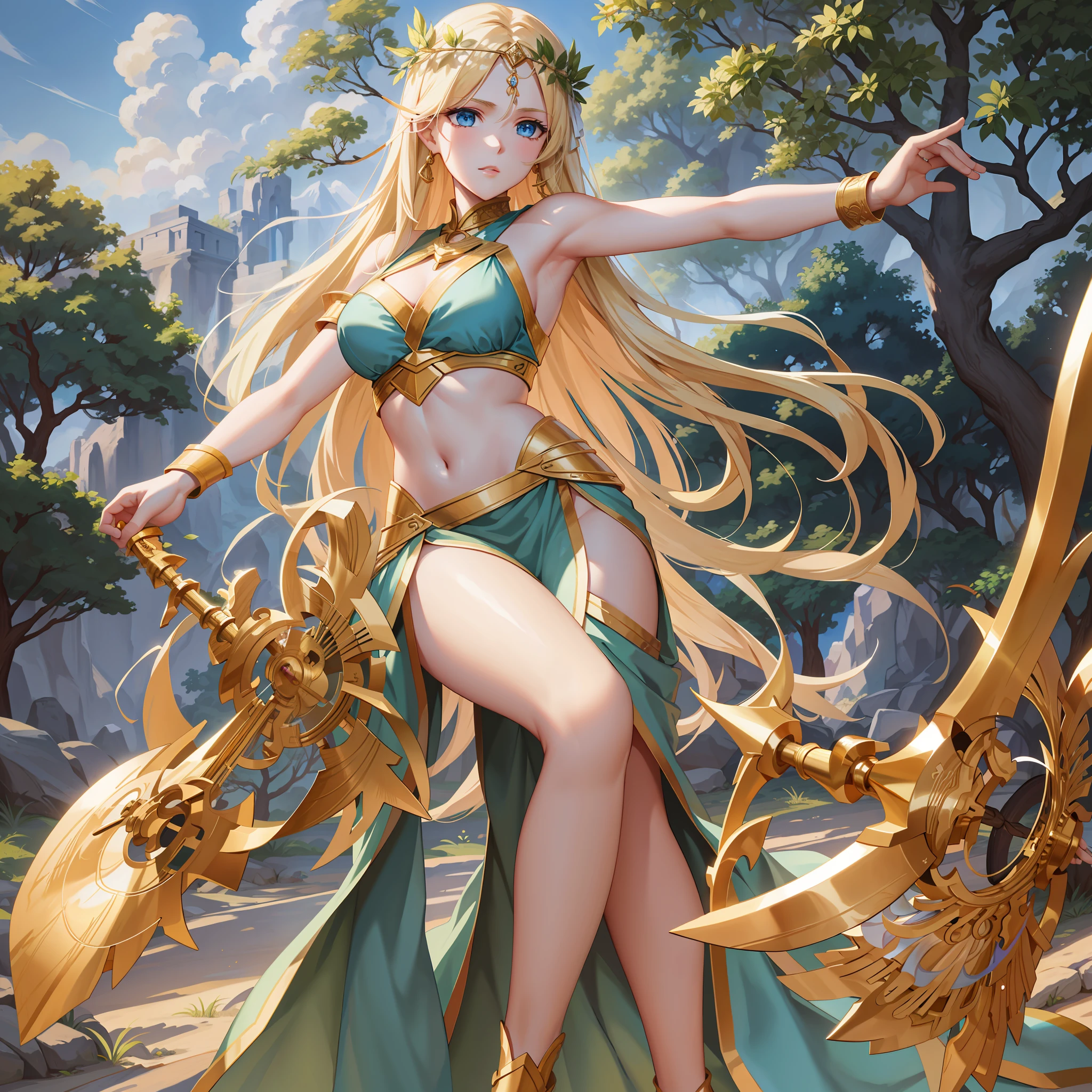 Greek goddess of wilderness and virginity, blue eyes, blond hair, fair skin, amazingly gorgeous, stern and determined, tall and slender, sleeveless very short Greek (((white))) tunic with golden borders, a pair of long perfect legs, archer, holding a bow made of gold, archery, greek myth, mythical Arcadian mountains and forests, photorealistic, super high quality, super detail, ultra collect description of hands, masterpiece, 4k, 8k, HDR