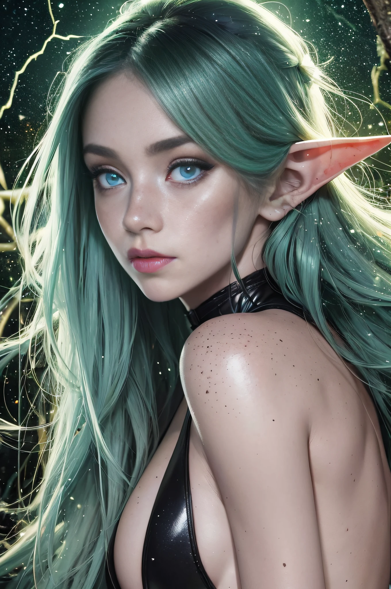 a portrait of a elf girl with freckles and bright striking blue eyes posing for a photo,full body, bare shoulders, muscular, fit, defined abs, thongs, (prominent cameltoe) white freckles, long flowing green hair flying, glowing radiance, beautiful pale makeup, color portrait, stunning portrait, elegant freckles, wearing black thongs with glowing runes of power, black gloves, star-shine, gold dust spread across her skin and her face, (dark, hyper-realistic photos (((portrait))) refraction ,Dark background of magical night forest, deep woods, towering ruins, starlight skies