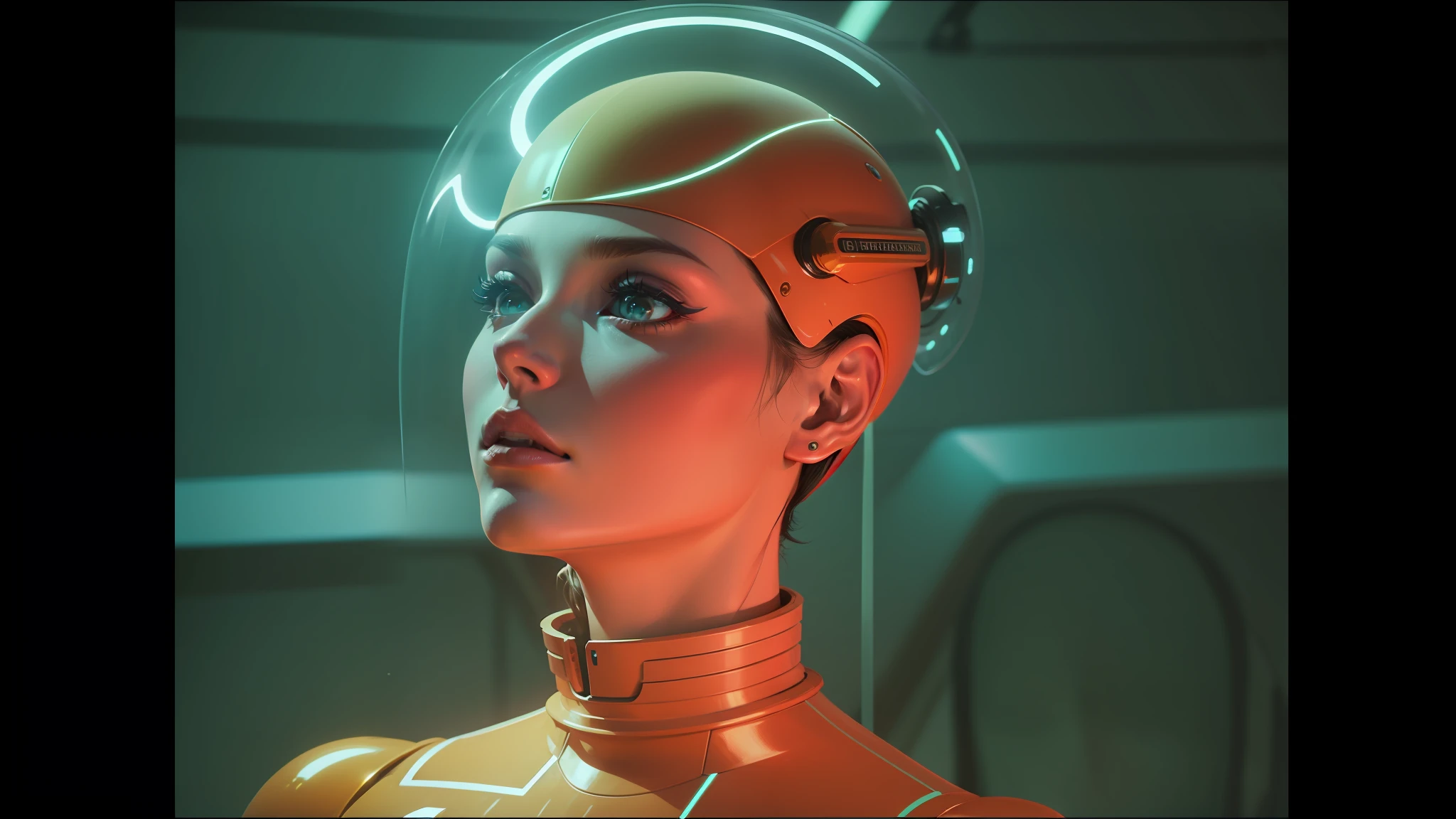 a close up of a woman with a futuristic headpiece and a glowing helmet, movie still of the alien girl, retro futuristic fashion, ash thorp, style = retro-futurism, retrofuturistic female android, as a retro futuristic heroine, retro futurism style, futuristic glossy latex suit, fashionable futuristic woman, movie still of a alien cyborg, cinematic. futurism --auto --s2