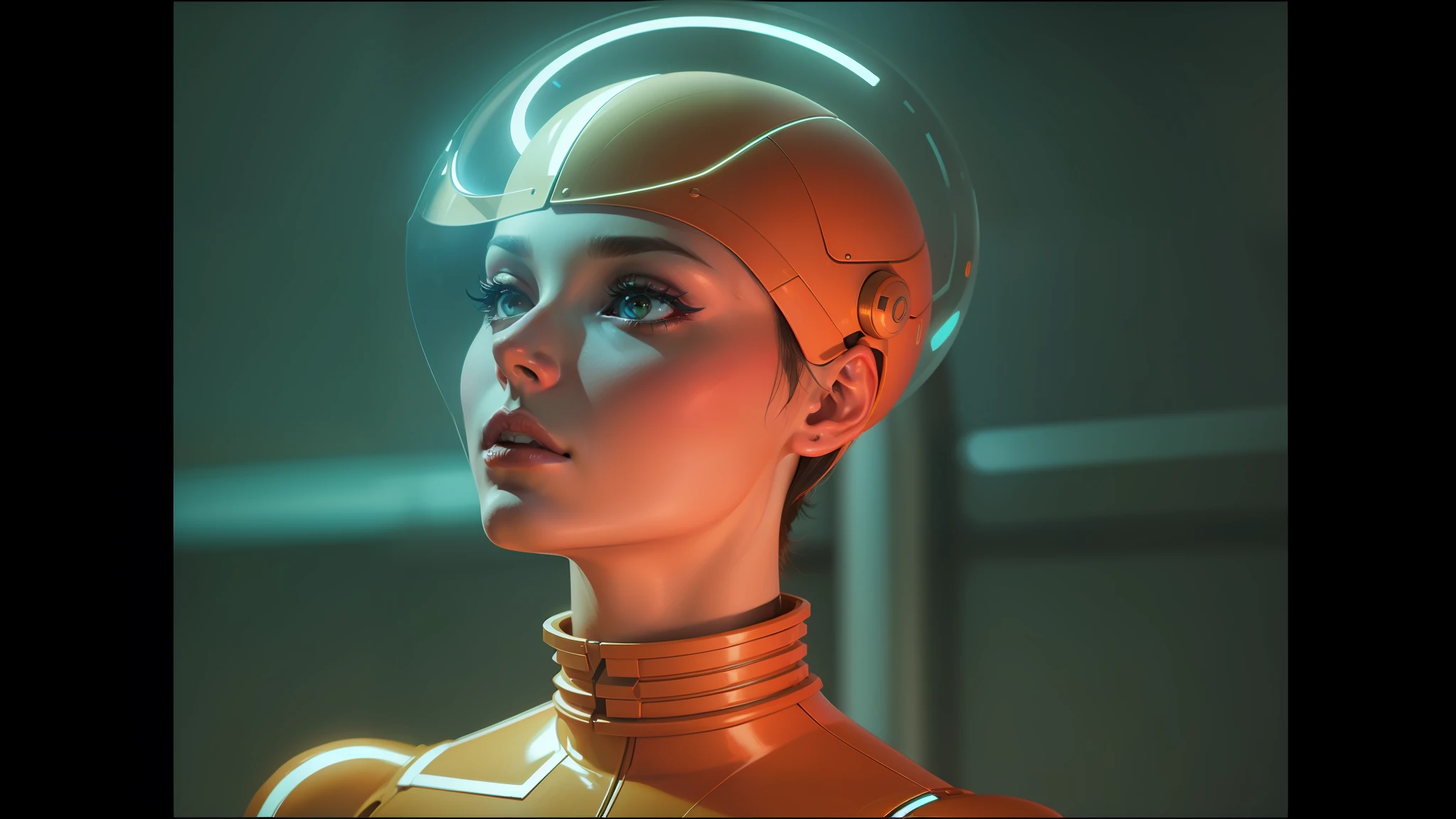 a close up of a woman with a futuristic headpiece and a glowing helmet, movie still of the alien girl, retro futuristic fashion, ash thorp, style = retro-futurism, retrofuturistic female android, as a retro futuristic heroine, retro futurism style, futuristic glossy latex suit, fashionable futuristic woman, movie still of a alien cyborg, cinematic. futurism --auto --s2