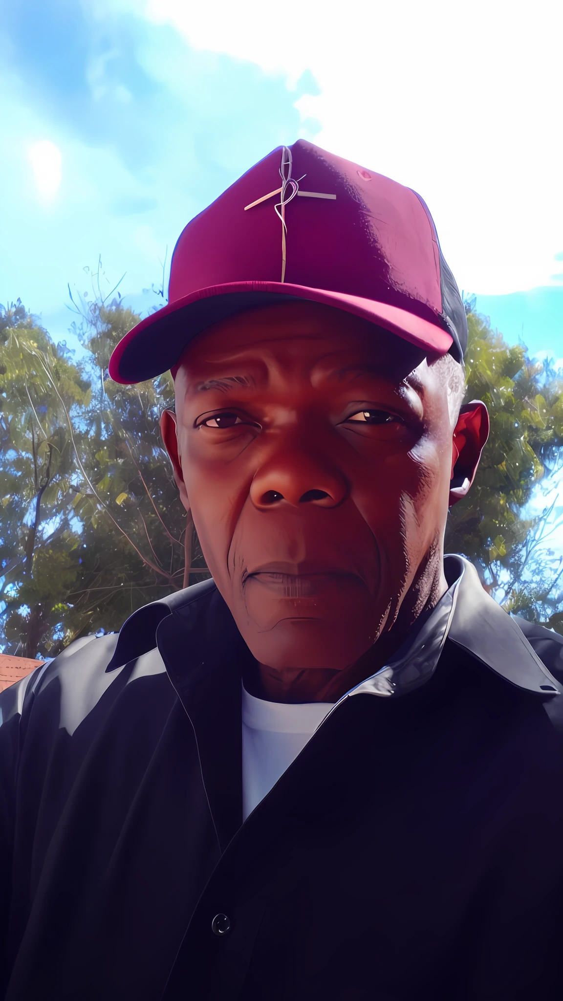 there is a man wearing a red hat and a black jacket, photo of a man, george pemba, he is about 6 0 years old, he is about 60 years old, samuel jackson, a photo of a man, samuel l jackson, he is about 7 0 years old, taken in the early 2020s, he is about 50 years old --auto --s2