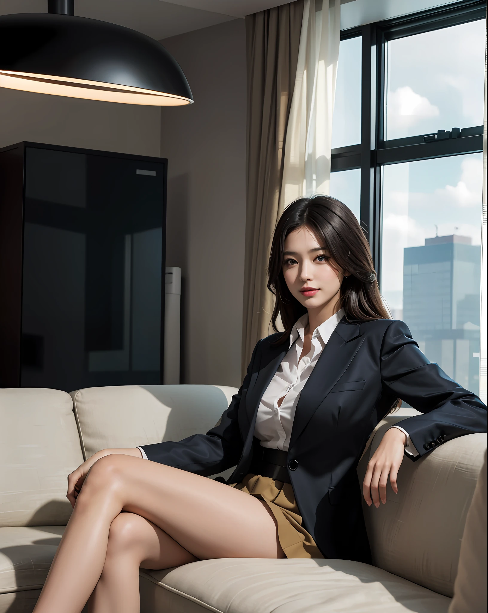 RAW, Masterpiece, Ultra Fine Photo,, Best Quality, Ultra High Resolution, Photorealistic, Sunlight, Full Body Portrait, Stunningly Beautiful,, Dynamic Poses, Delicate Face, Vibrant Eyes, (Side View) , close up of 1 female, 35mm masterpiece, black suit, smile, mini skirt, on the sofa in office,she is in room on high floor, many office building in Tokyo,she is left windows of room,8k uhd, dslr camera, high quality, film grain, fair skin, photorealism, lomography, sprawling metropolis in futuristic dystopia, view from below, translucent