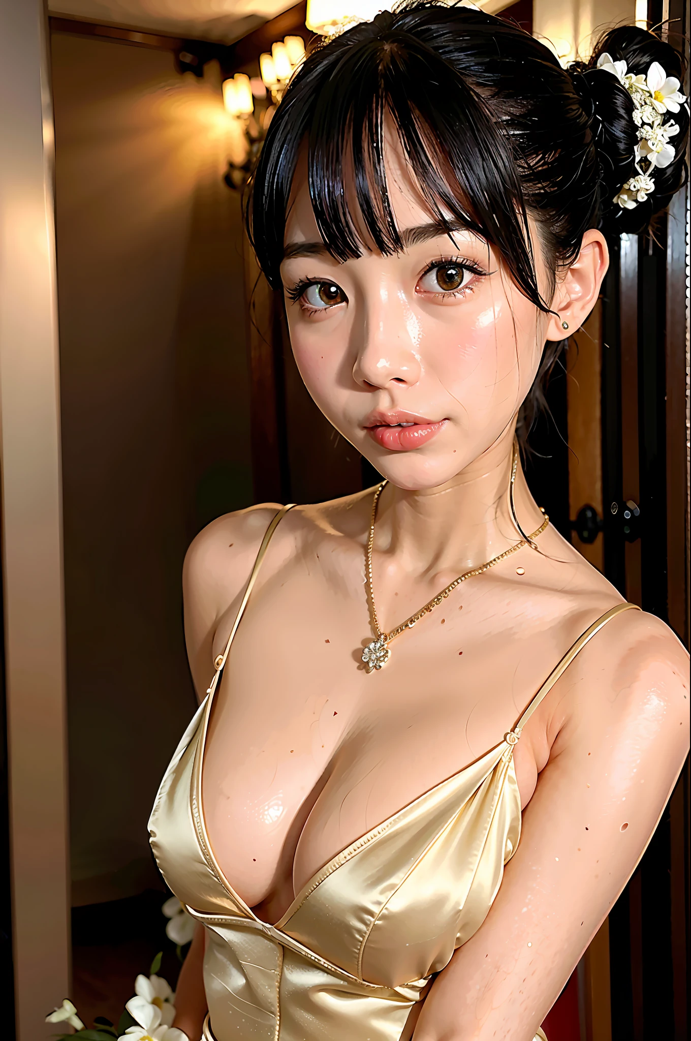 ((addielyn)), random posture, (very delicate and beautiful work), (masterpiece), one girl, very detailed elegant wedding dress, tiara, highly detailed, distorted ponytail, attractive expression, beautiful clear eyes, green pupils, delicate necklace, delicate earrings, simple blurred background, description of extreme details, beautiful, attractive, ultra-fine painting, delicate face, delicate figure, thin collarbone, beautiful lips, soft back figure, mix4, (8k, RAW photo, top quality, masterpiece: 1.2), (realistic, photorealistic: 1.37),1girl,cute,cityscape, night, rain, wet, professional lighting, photon mapping, radiosity, physically based rendering, Above the waist,