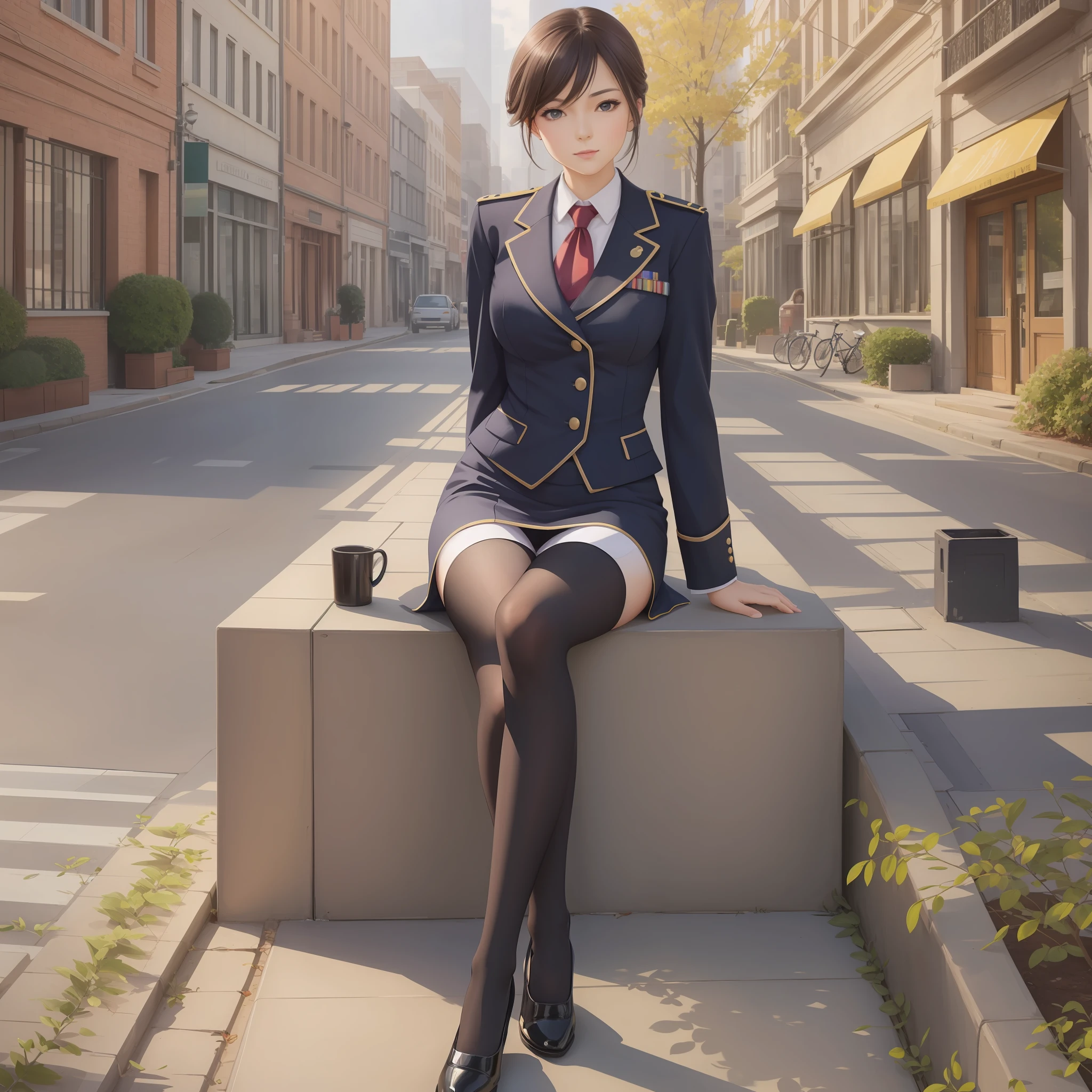 Best quality, full body portrait, delicate face, pretty face, 25 year old woman, slim figure, small bust, OL uniform, office clothes, black stockings, outdoor scene, sitting position --auto --s2