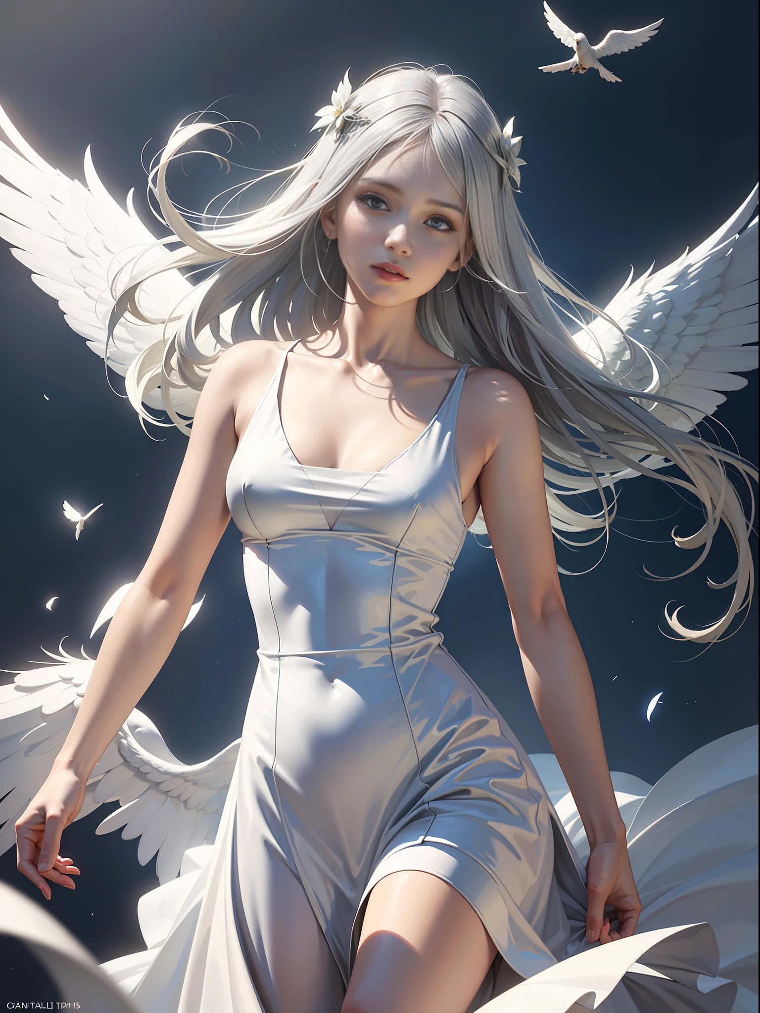 Best image quality, perfect masterpiece, super high resolution, 1.4x realism, cinematic lighting, sense of sacredness, an angel girl wearing a white dress, silver hair, a halo on her head, floating in Christ's paradise, sunny, face lit, holy light surrounding, applying the Tyndall effect, prayer pose. At the same time, angels flew in the air, extreme light and shadow, and hair fluttered in the wind.