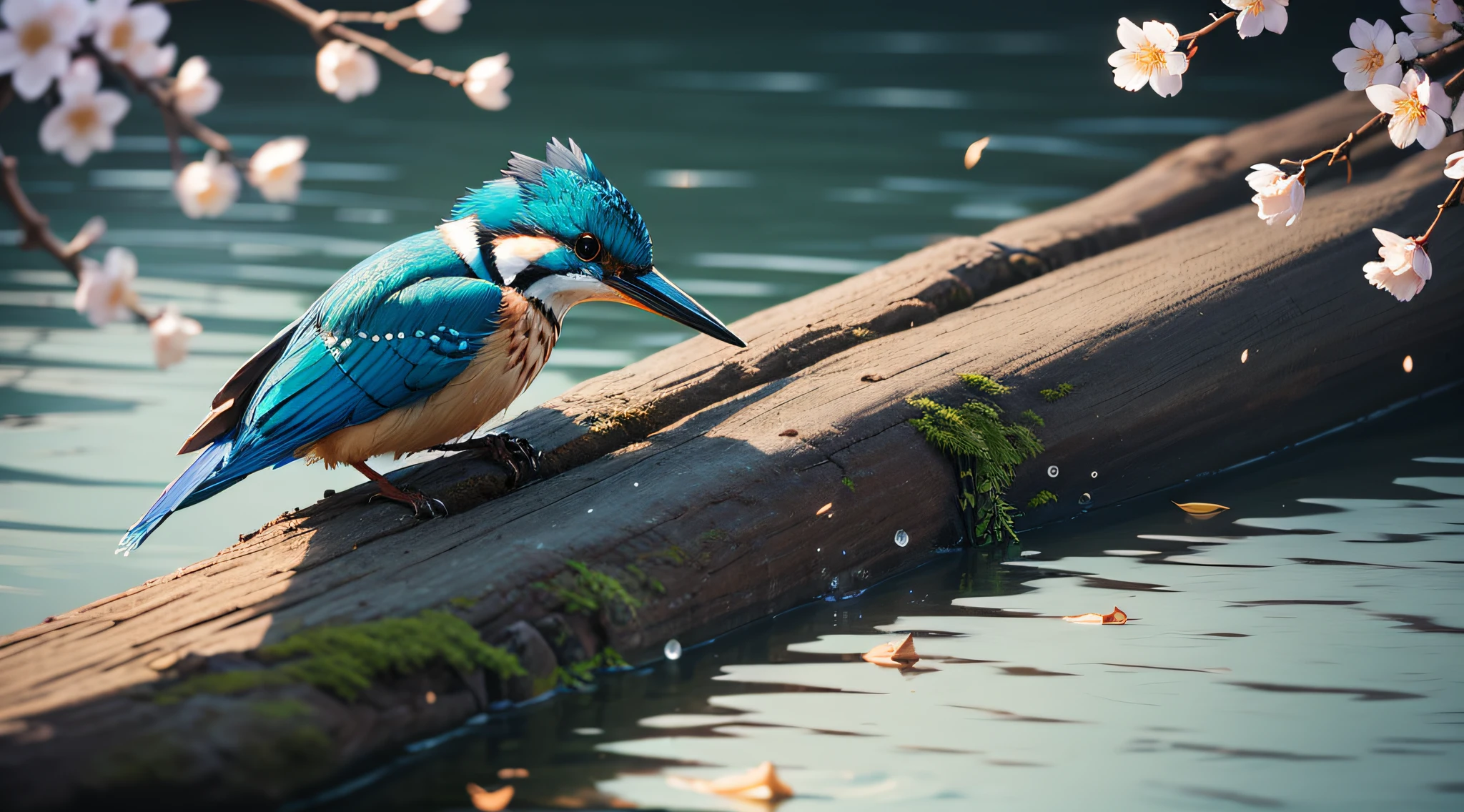 Superb Kingfisher Near White Cherry Blossoms on Branches, Dark, Dawn, (Cold Morning: 1.1), (Morning Dew: 1.15), Realistic Photography, (Low Photo: 1.2), Detail, 8K, Intricate Folded Feathers, Water Droplets on Feathers, (to8contrast style), (MIST: 0.7), Bright Colors, Sony a6600 Mirrorless Camera, embellish2 --auto --v 6