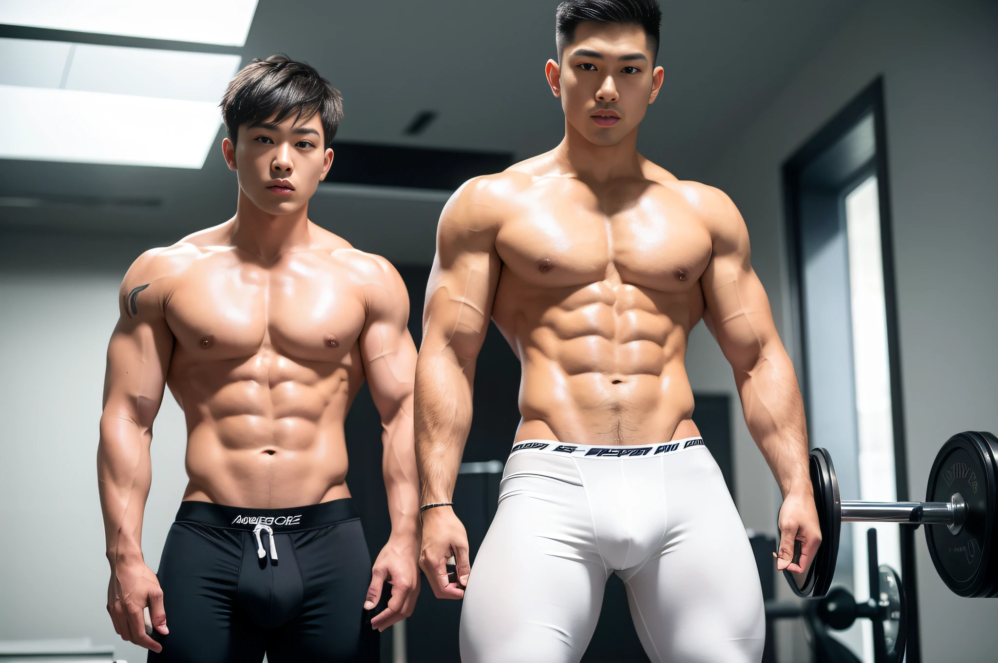 2 handsome guys, 25 years old, Asian, master works, best picture quality, higher quality, high detail, super high resolution, 8k resolution, delicate facial features, boys, big muscles, tattoos, glowing eyes, short hair, hair details, upper body , [[look away, look to the side, emphasize homosexuality and pay attention to every detail , gym, white rubber pants, ((((crotch bulge))))) fitness equipment background