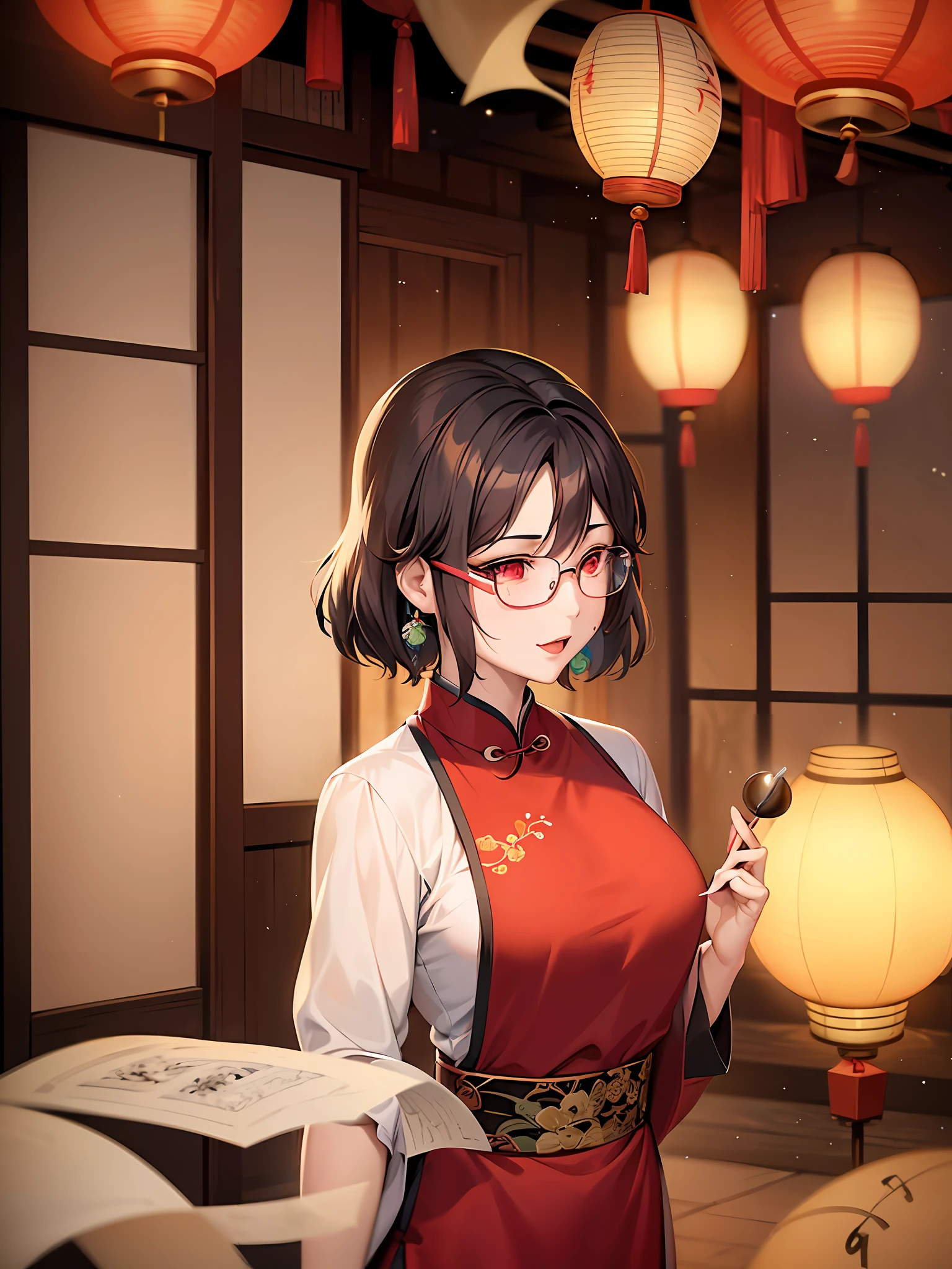 woman in a beige shirt and glasses looking at a piece of paper, chinese painting style, tea drinking and paper lanterns, korean artist, chinese artist, inspired by Ma Yuanyu, inspired by Qian Du, 🤬 🤮 💕 🎀, inspired by Xia Gui, inspired by Itō Shinsui, inspired by Xia Shuwen, japanese calligraphy