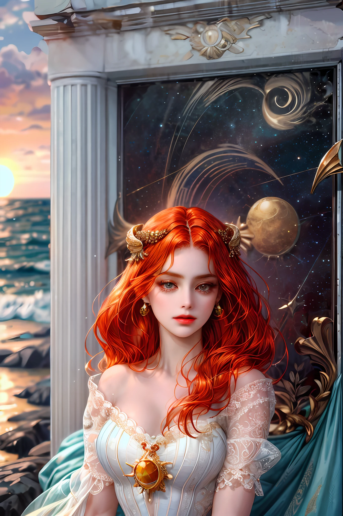 ( High quality , ultra detailed, careful with hand )Zodiac - Aries goddess , similar to latin goodness , Brave ,willful ,productive ,enterprising and humanitarian face , Moody, impulsive, impatient, assertive style , fire eyes , sunset reddish hair , transparent dress , in the ocean with sun , whole body , strong powerful make up look ,