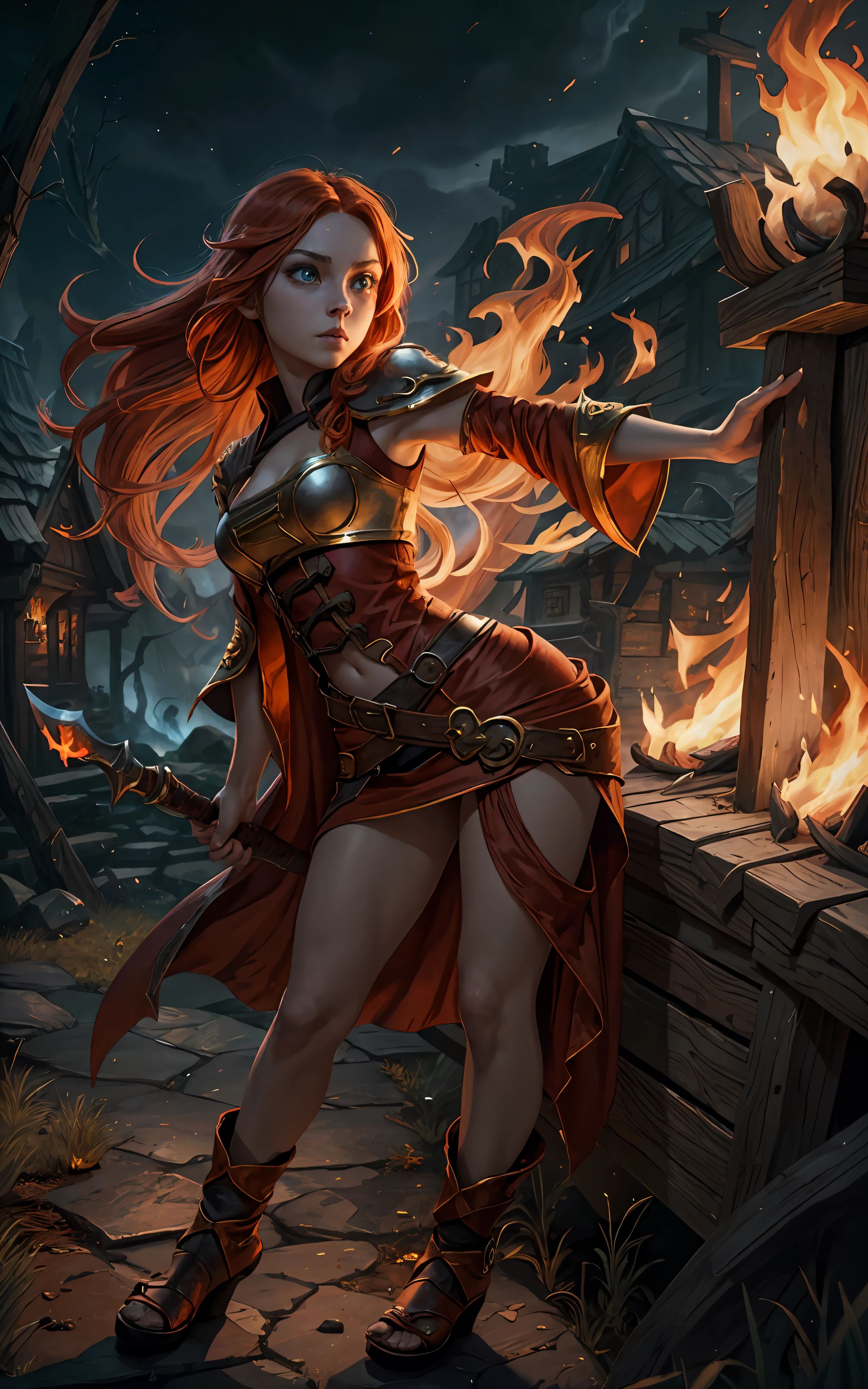 An outstanding beautiful white girl painting, firelight, flame surrounding, fire magic messenger, dota 2 fire girl style, ghost knife style, fire-like hair, long red hair, watery blue big eyes, thin waist, wide hips, mage robes, magic colors, World of Warcraft style, By Blizzard Entertainment, Ultra HD, 8K, real skin texture, best light, best shadow, Lina from dota2, action, wizarding world, Prone view, small mouth, small nose, big eyes, cute, full body, perfect body proportions, big sagging breasts, enhanced contrast, fire dragon as background, void fragments