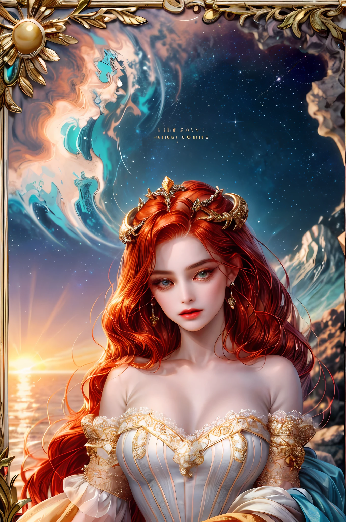 ( High quality , ultra detailed, careful with hand )Zodiac - Aries goddess , similar to latin goodness , Brave ,willful ,productive ,enterprising and humanitarian face , Moody, impulsive, impatient, assertive style , fire eyes , sunset reddish hair , transparent dress , in the ocean with sun , whole body , strong powerful make up look ,