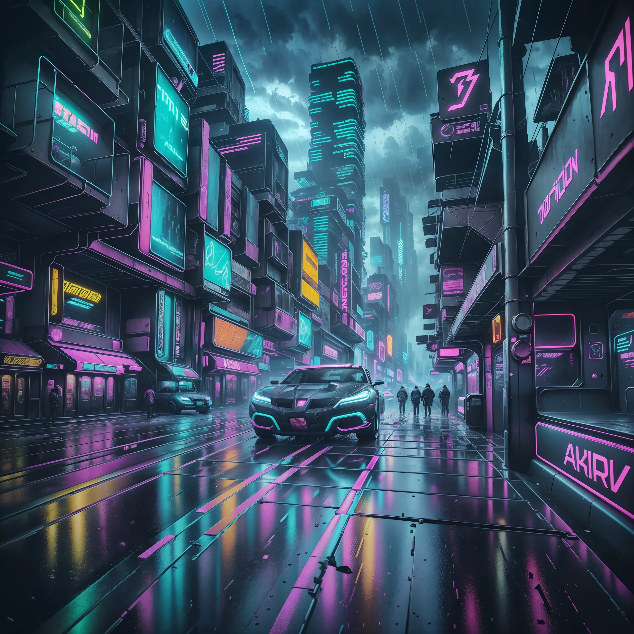 (futuristic city:1.1), hyper-realistic cyberpunk environment, (inside a car:1.2), surreal neon lights, (dark and gritty ambiance:1.1), (rainy weather:1.2), (dystopian urban landscape:1.1) --auto --s2