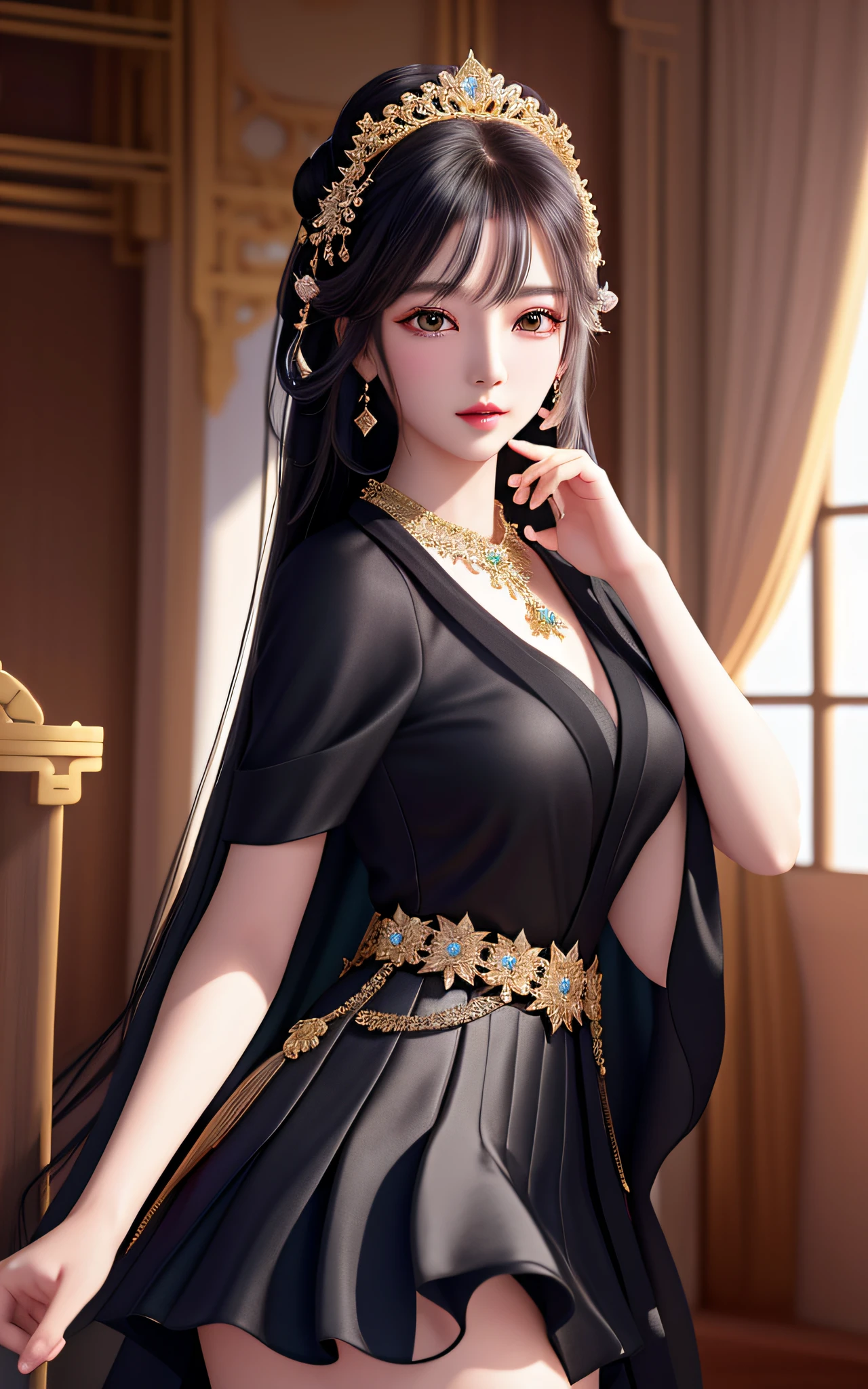 Arakfi Asian woman in black dress and gold jewelry, beautiful fantasy queen, ((beautiful fantasy queen)), palace, girl in Hanfu, royal elegant pose, 8k high quality detail art, full body fairy, inspired by Shen Shizhen, beautiful and elegant elf queen, anime girl in black dress, popular on cgstation, full body photo