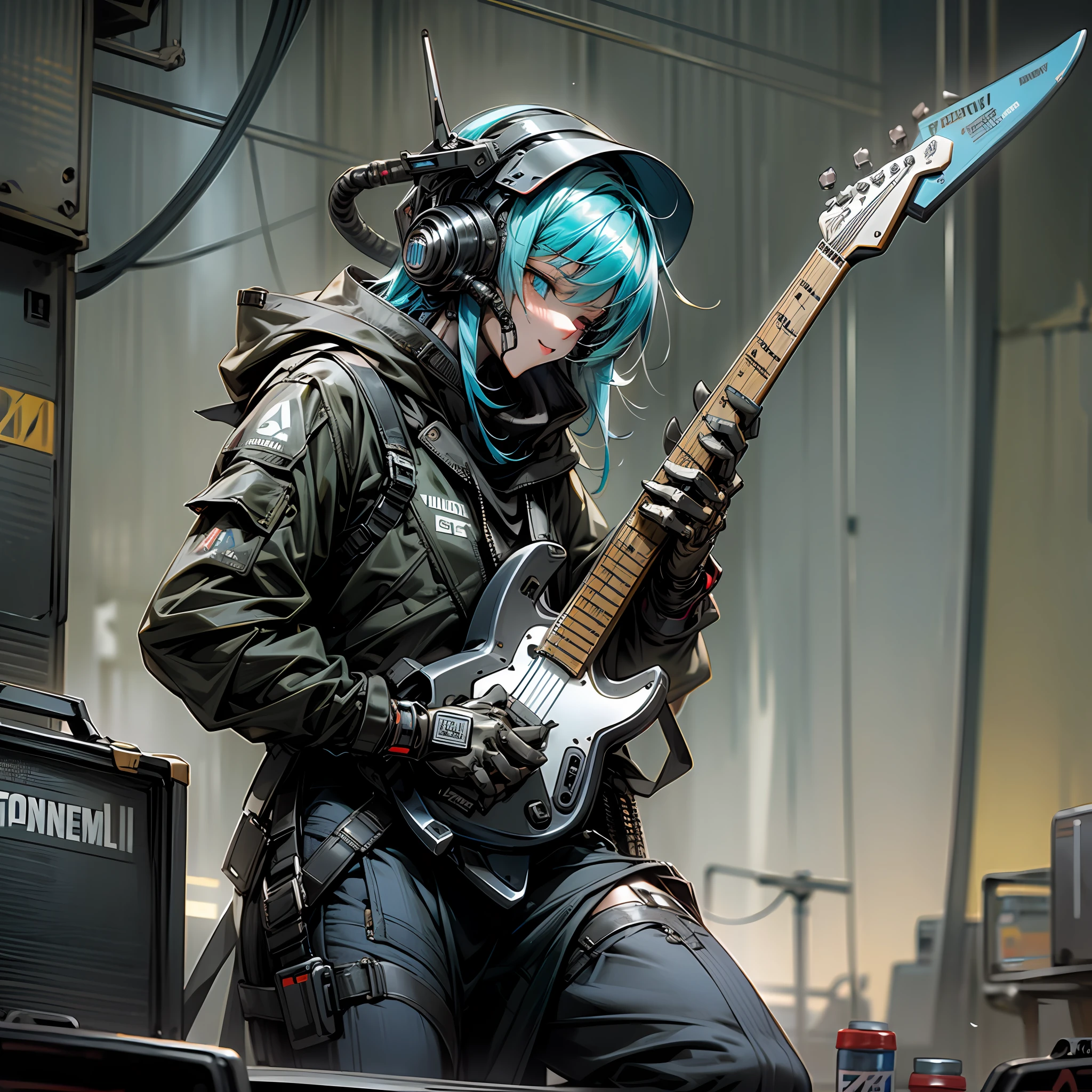 Cyber punk scenario, apocalyptic post, metalhead with a guitar, drink bottles, fender box. --auto --s2
