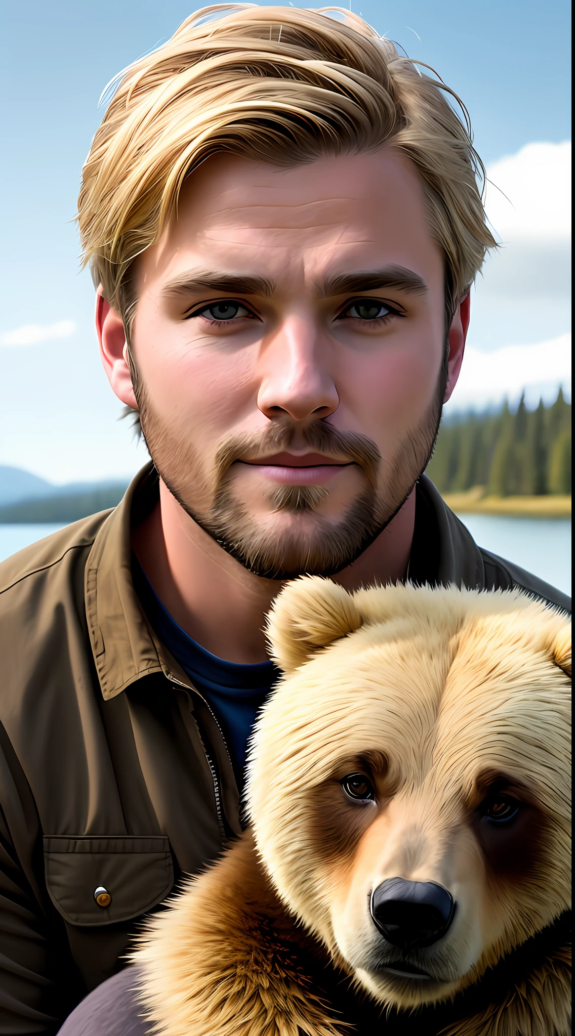 Facial portrait, man in environmentalist clothes, no beard, blonde hair, white skinned, looking forward, bear caretaker, bear on the side, bear hugging him, post-apocalyptic, dramatic light, maximum possible details, ultrarealistic image, lake in the background