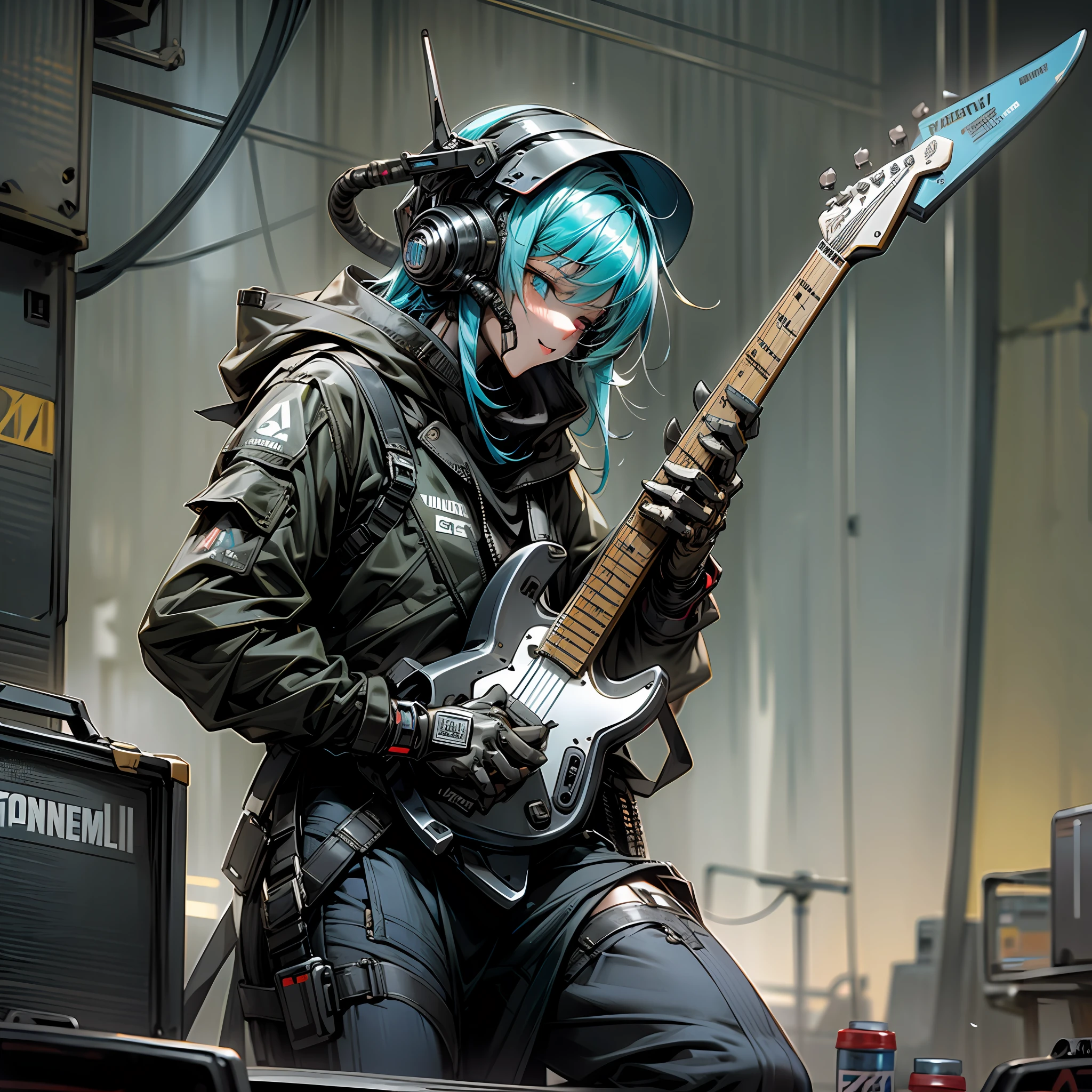 Cyber punk scenario, apocalyptic post, metalhead with a guitar, drink bottles, fender box. --auto --s2