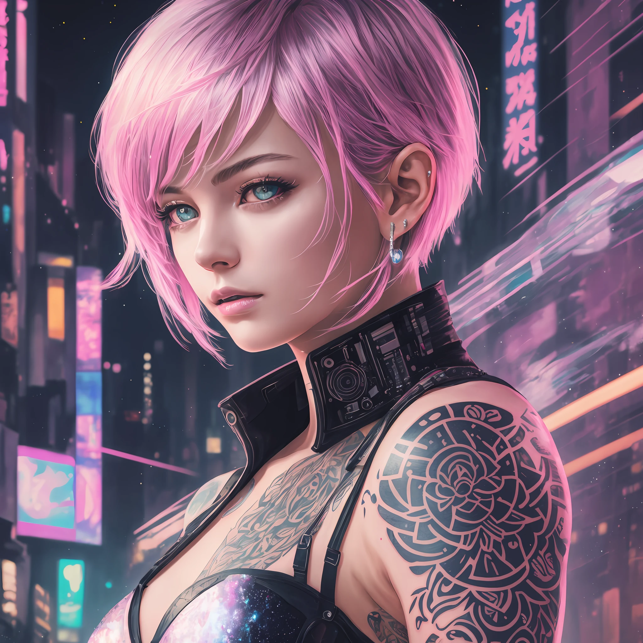 8K, masterpiece, best quality, night, 1 young woman, mature woman, Tattoos, Silver hair, short hair, light pink lips, calm, rational, bangs, Cyberpunk, Technology, technological, Digital sparkles, Android --auto --s2