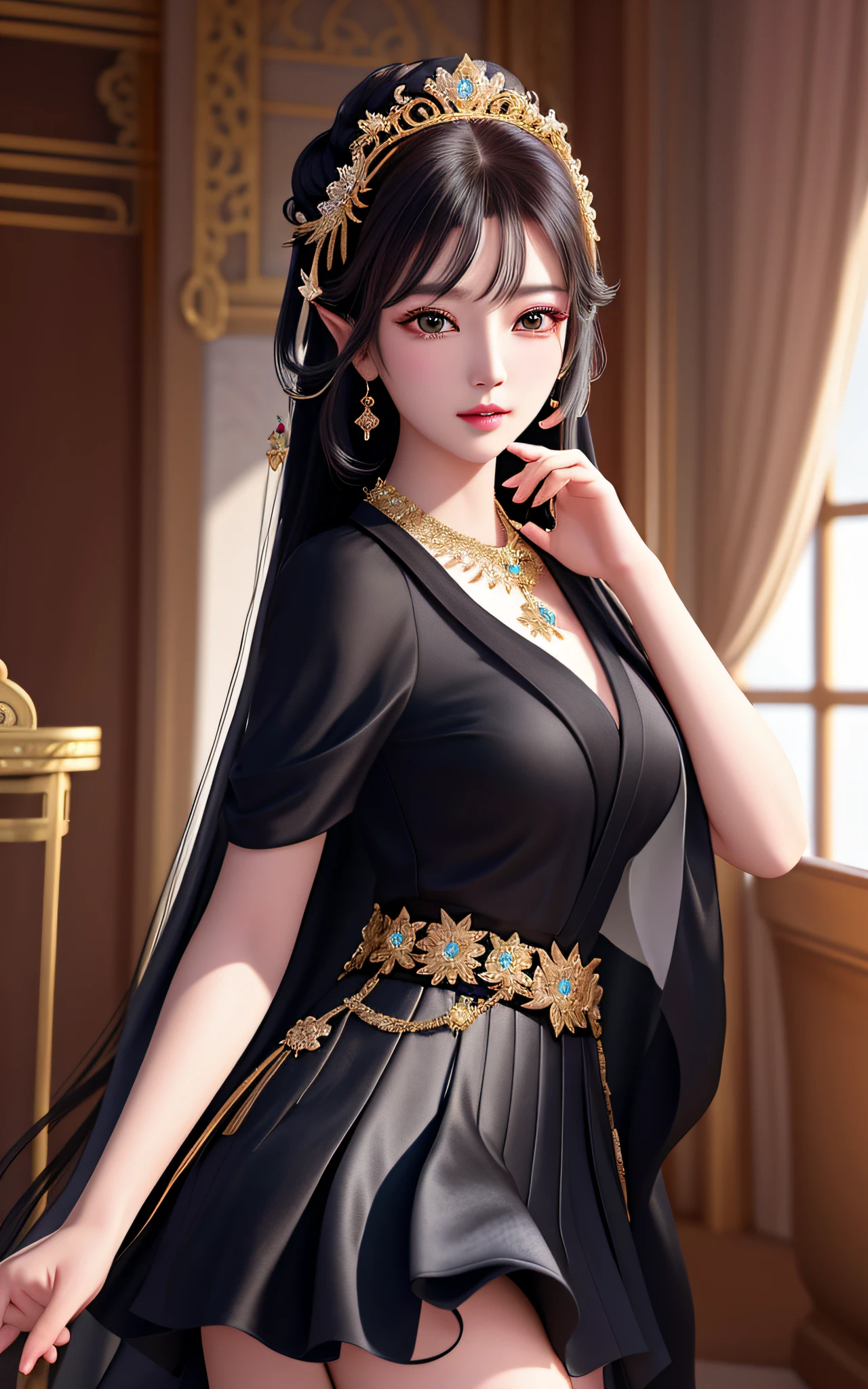 Arakfi Asian woman in black dress and gold jewelry, beautiful fantasy queen, ((beautiful fantasy queen)), palace, girl in Hanfu, royal elegant pose, 8k high quality detail art, full body fairy, inspired by Shen Shizhen, beautiful and elegant elf queen, anime girl in black dress, popular on cgstation, full body photo