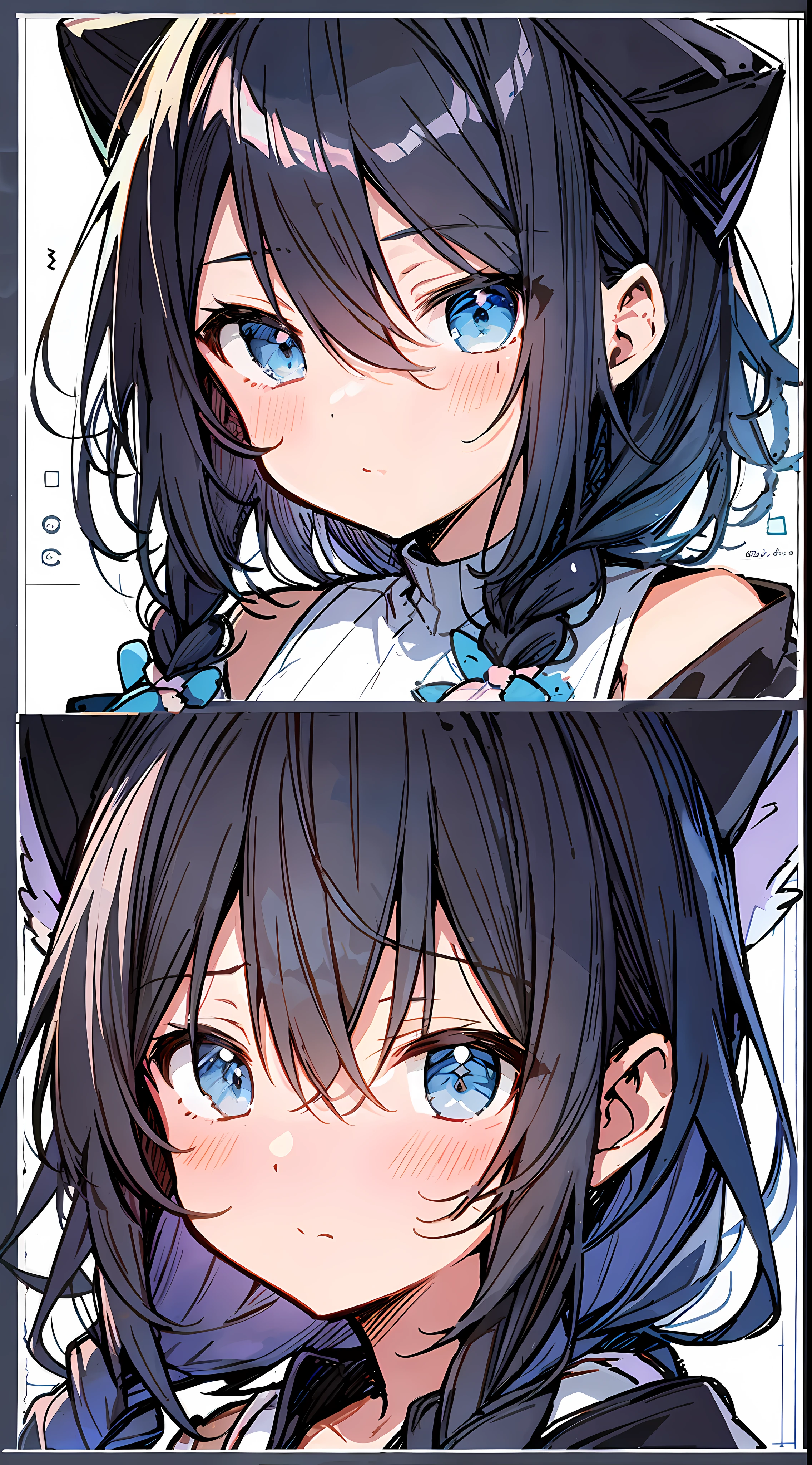 Top quality, masterpiece, super high resolution, 8k, light blue sweater, anime style little li, single person, ultra-detailed line art, digital enhancement, anime core, flowing fabric, close-up, ((hair length to shoulder mouth and short braid)), staring at me from the front, soft drawing, beautiful black hair, looks really weak, crisp eyes, anime style. 8k, detailed digital anime art, detailed anime character art, detailed manga style, high-quality color sketches