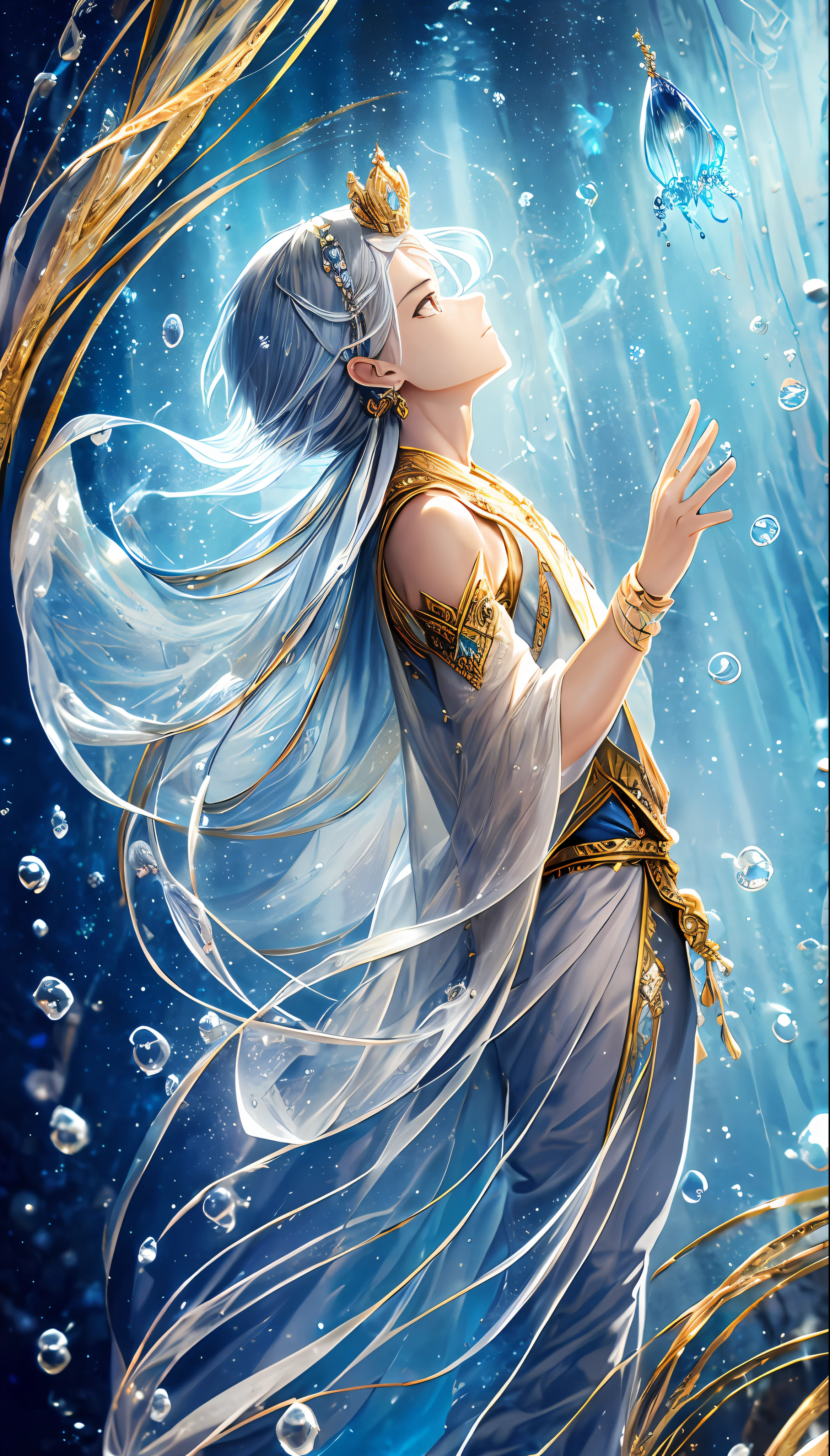 Vast Scale,1boy, Golden Eyes, Blue Themes, Tropical Fish, Solo, Jewelry, Earrings, Profile, Bubble, Underwater, Silver Hair, Short Hair, Crown, White Hair, From the Side, Air Bubbles, Letterbox, Luminous Jellyfish, Full Body, Floating Hair --auto --s2