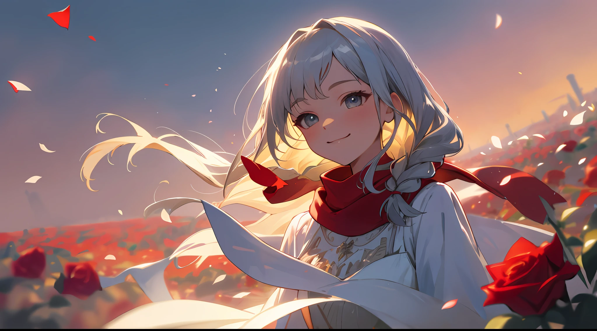 Vista, Panorama, Perspective, Depth of Field, Bust, Upper Body, Cinematic Angle, Masterpiece, Best Quality, Ultra Detailed, CG, 8K Wallpaper, Beautiful Face, Delicate Eyes, A Maiden, Solo, Smile, Silver Hair, Blonde Eyes, Fair Skin, Hair Strands, Side Braids, Braids, Red Scarf, White Evening Dress, Rose Field, Red Flowers, Roses, Flower Fields, Petals, Flying Petals, Smiling