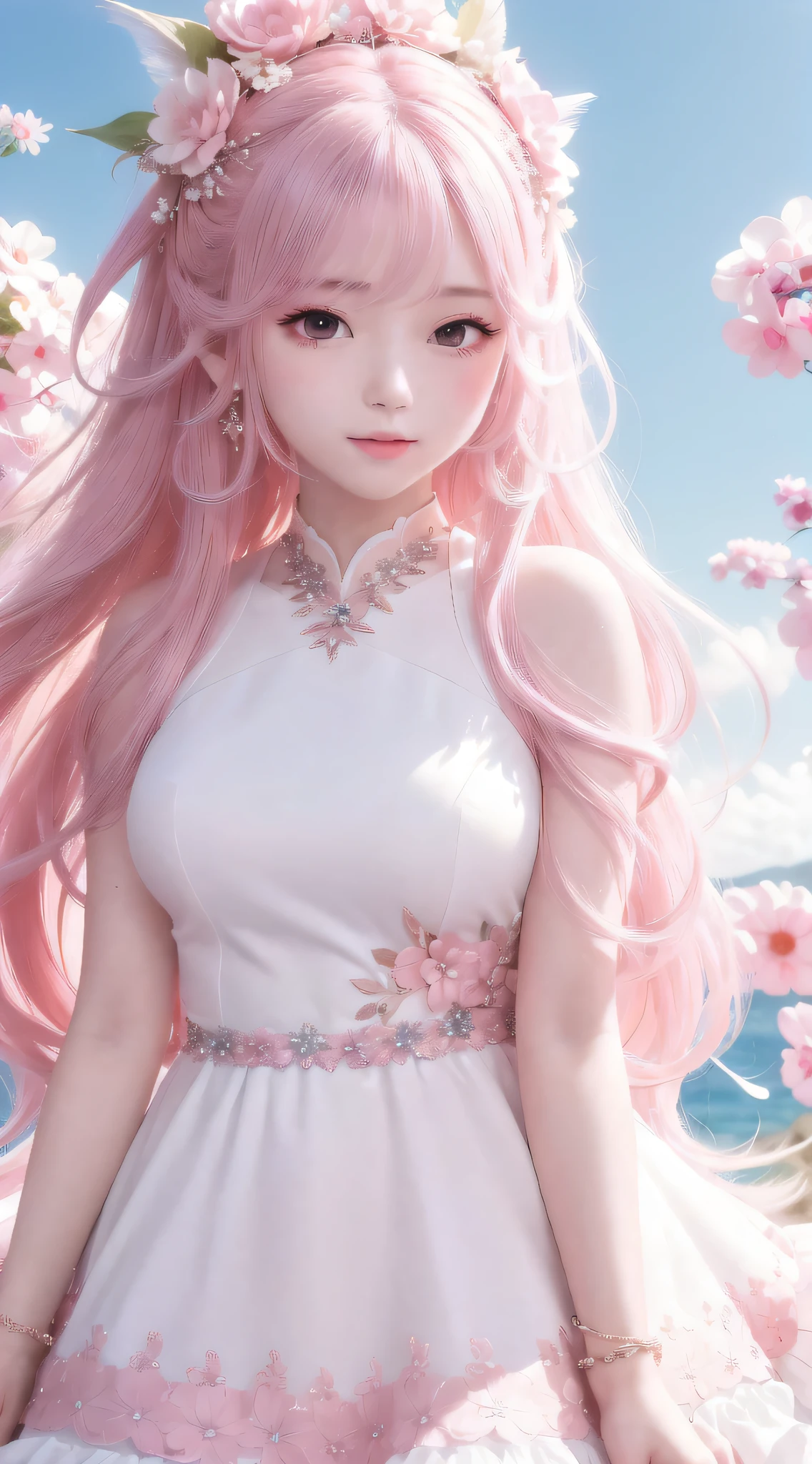 a close up of a woman with pink hair and a dress, cute anime waifu in a nice dress, artwork in the style of guweiz, beautiful anime girl, anime barbie in white, beautiful anime style, guweiz, anime goddess, anime girl with long hair, anime style. 8k, beautiful anime woman, beautiful anime, pretty anime girl