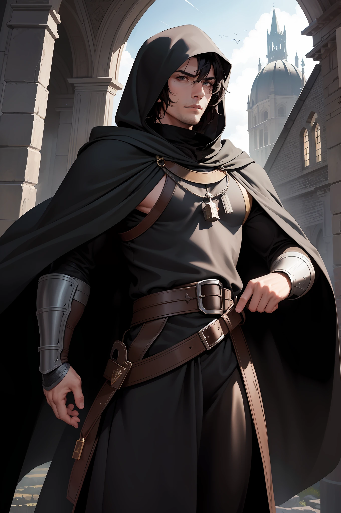 (absurd, highres, ultra detailed), 1 male, adult, handsome, high muscular face, broad shoulders, finely detailed eyes, short black hair, brown eyes, black cloak, hooded, castle, medieval atmofera, natural light and shadow, There are bright particles flying around the man, fantastic, mysterious, bright glow, (Dutch angle), closed mouth