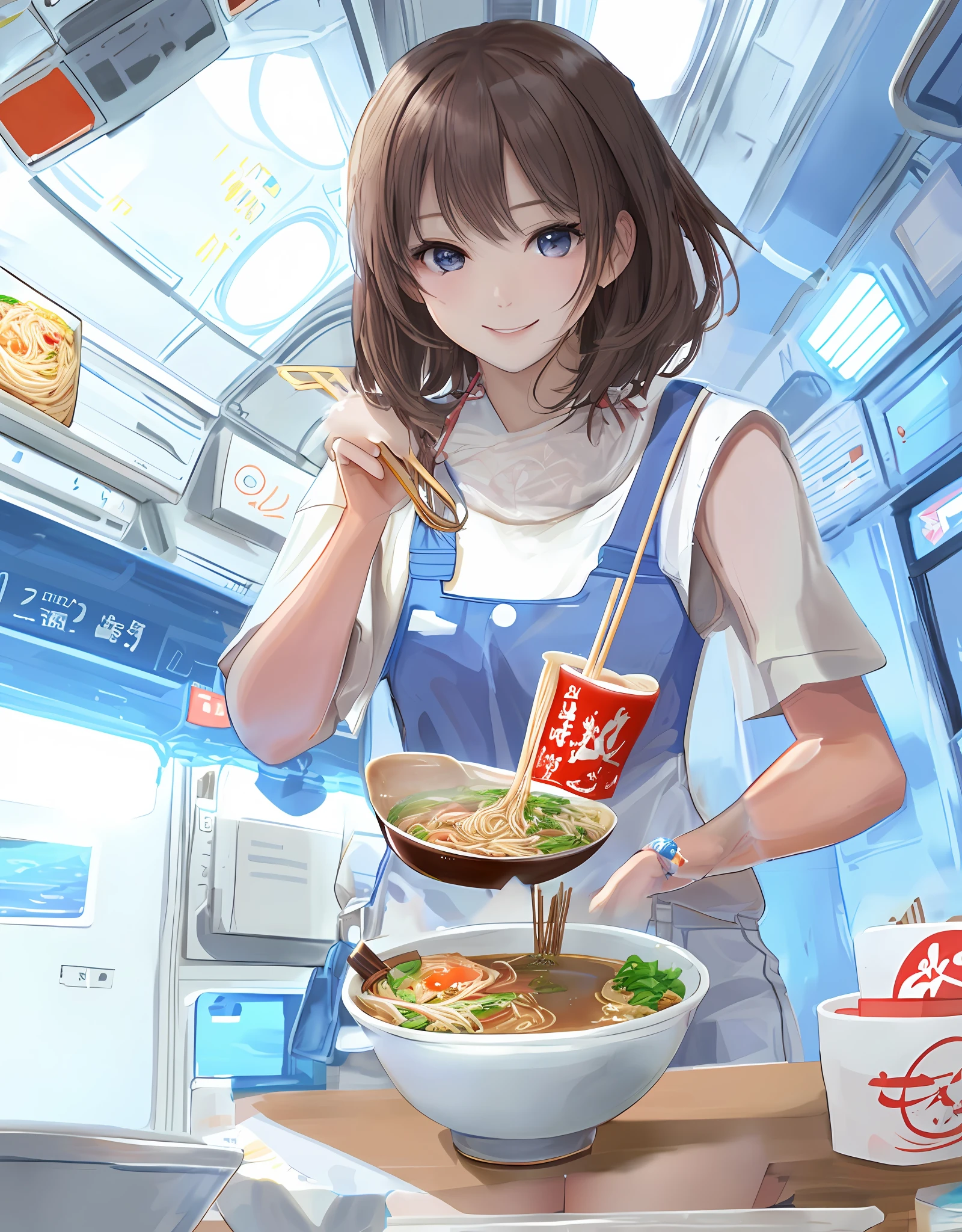 Carefully draw a bowl of ramen, disposable chopsticks,