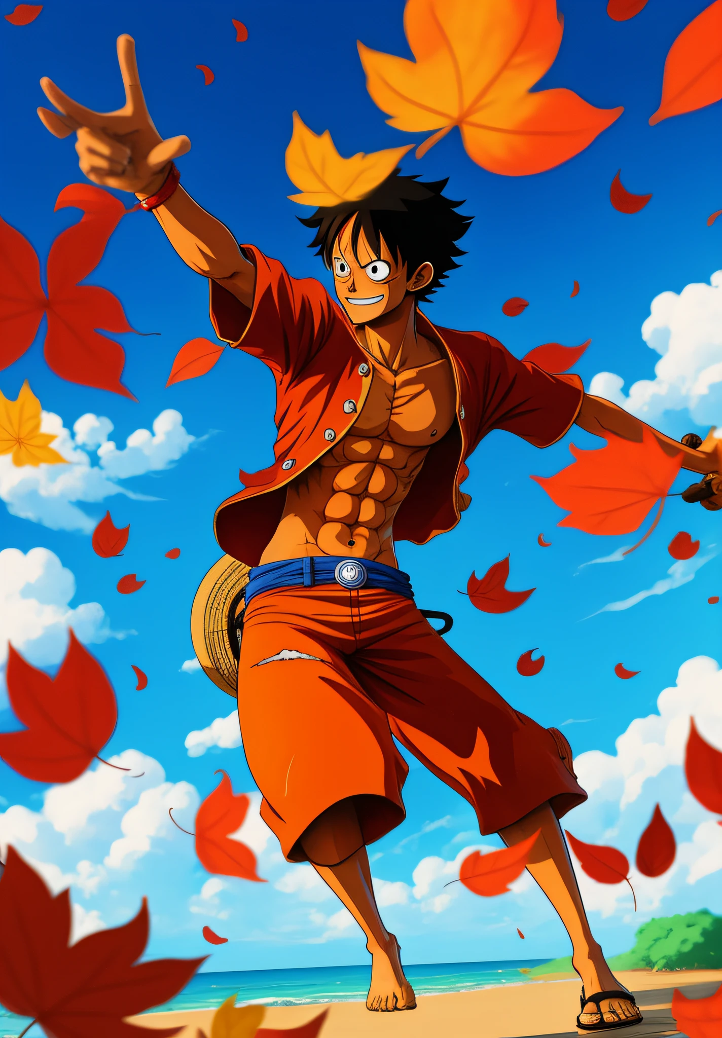 anime style, Monkey D. Luffy One Piece, warm weather, vivid colors, magnificent blue sky, windblown leaves, cinematic shading, CG anime