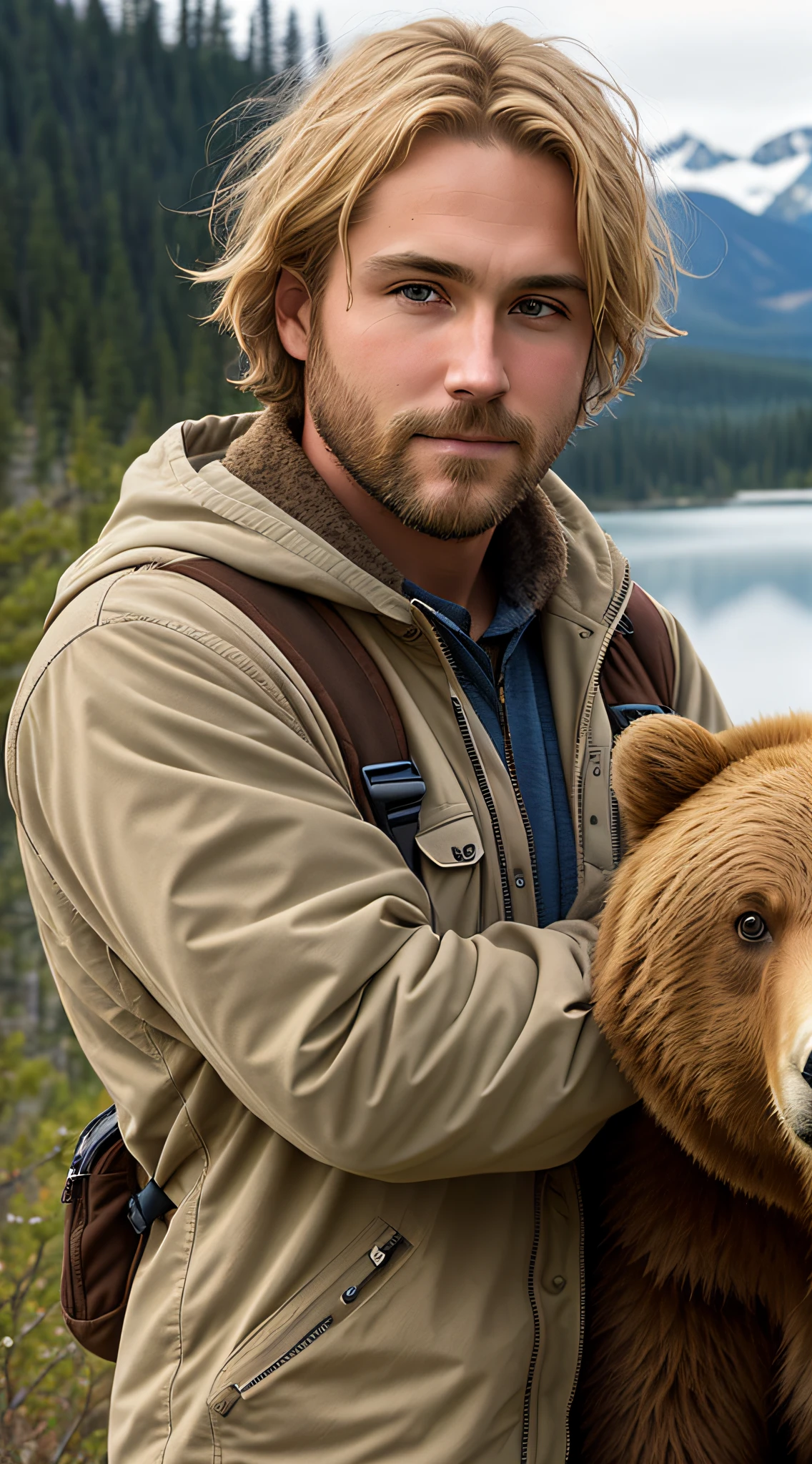 Facial portrait, man in environmentalist clothing, short, blonde hair falling in shaggy locks around his face, white-skinned, looking forward, bear caretaker, bear on the side, bear hugging him, post-apocalyptic, dramatic light, maximum possible detail, ultra-realistic image, lake in the background