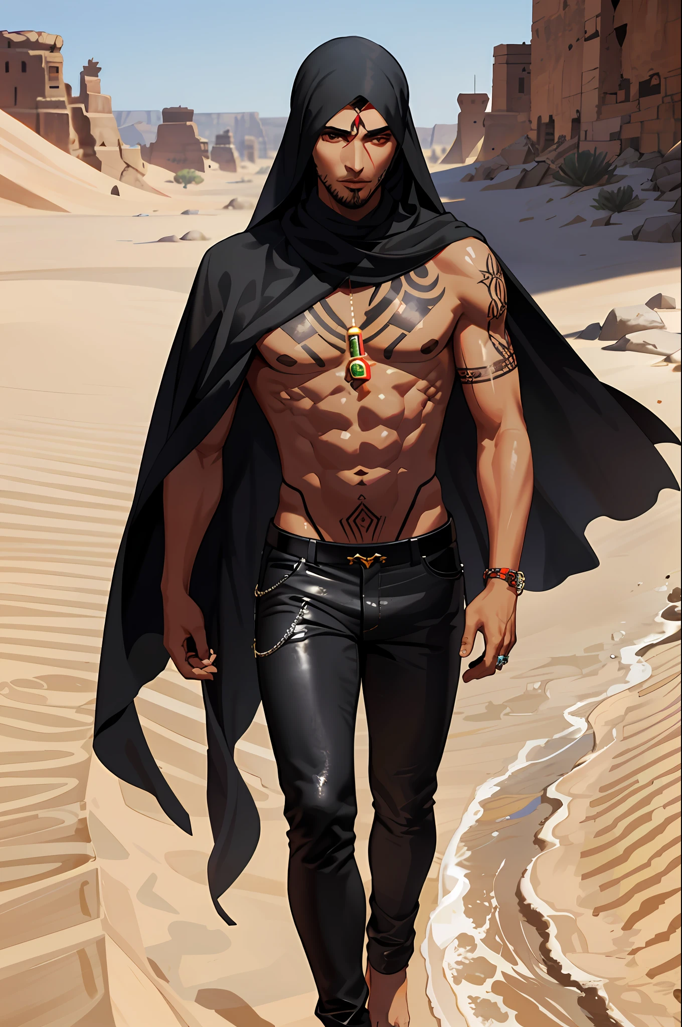 Handsome man, middle eastern, dark skins, red tattoos on body, walking in the desert