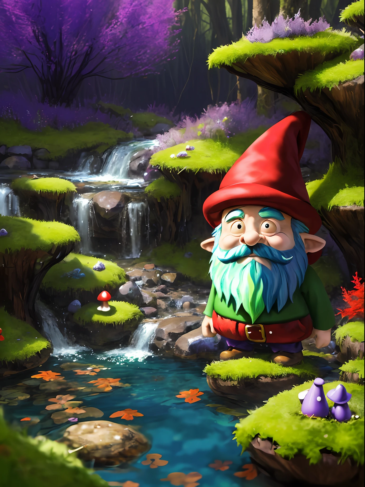 (best quality, masterpiece), photo-realistic, ultra-detailed, magical, fantastical, gnome, (green hat, red hat, blue hat:1.2, purple hat:1.1), bushy beard, pointy ears, (mischievous expression, kind expression), wilderness, woodland, mushroom, toadstool, moss, (rippling stream, babbling brook), (vibrant color, desaturated), soft focus.