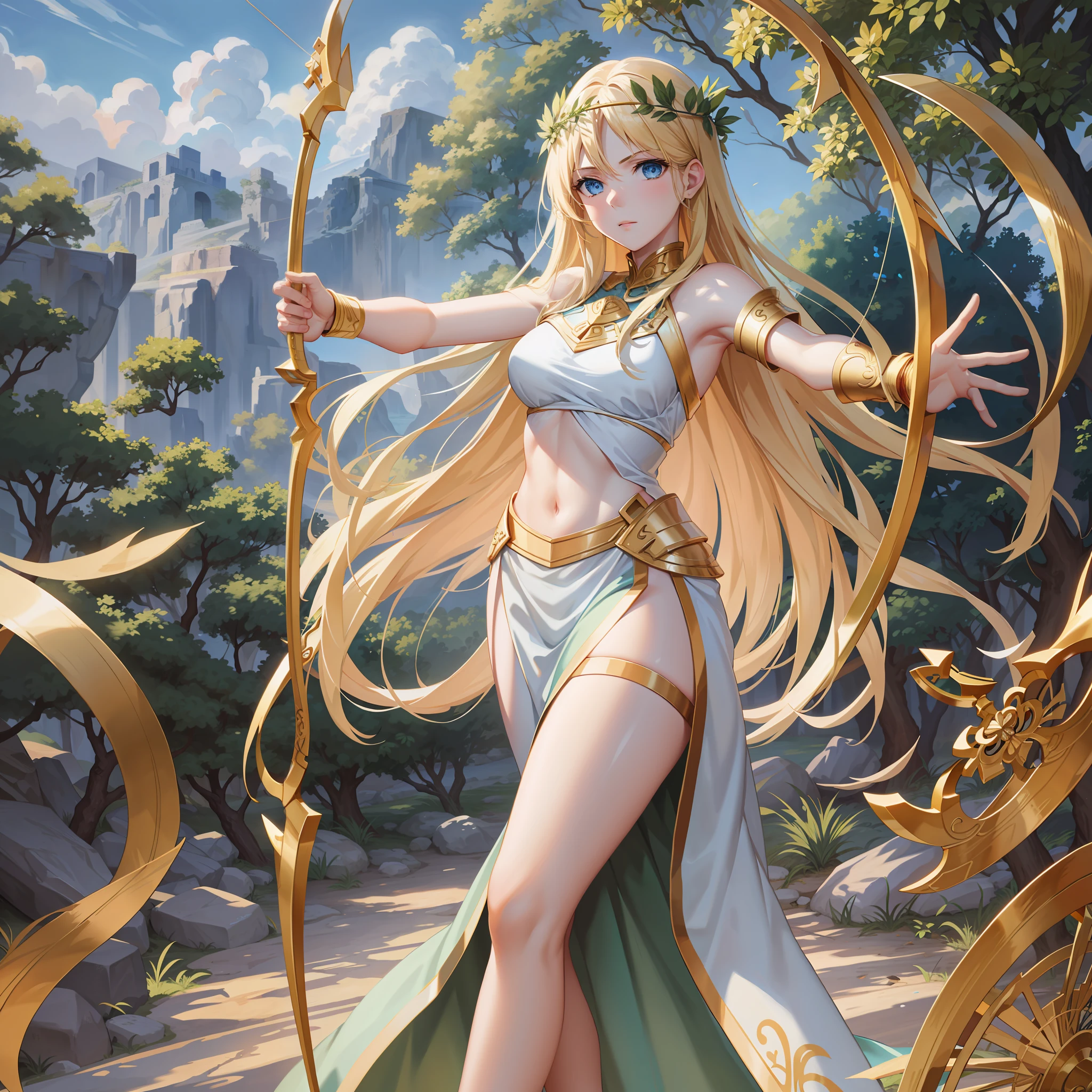 Greek goddess of wilderness and virginity, blue eyes, blond hair, fair skin, amazingly gorgeous, stern and determined, tall and slender, sleeveless very short Greek (((white))) tunic with golden borders, a pair of long perfect legs, archer, holding a bow made of gold, archery, greek myth, mythical Arcadian mountains and forests, photorealistic, super high quality, super detail, ultra collect description of hands, masterpiece, 4k, 8k, HDR