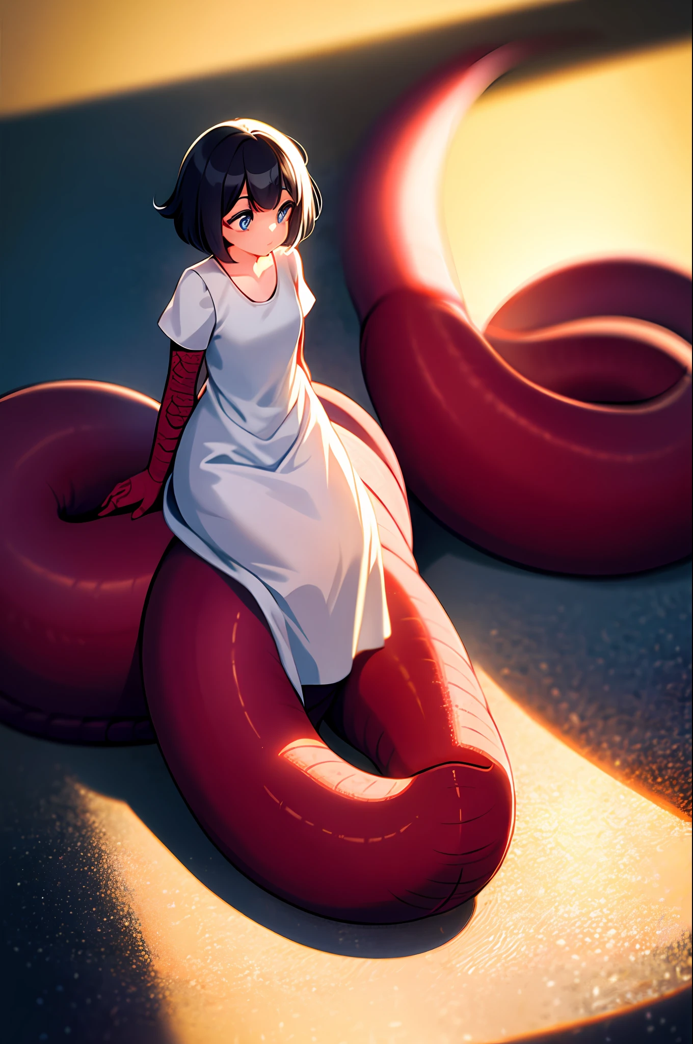 1girl, lamia, scales, white shirt, full body, Original Character, Volumetric Lighting, Best Shadows, Shallow Depth of Field, Stunningly Beautiful Girl, Petite, Delicate Beautiful Attractive Face