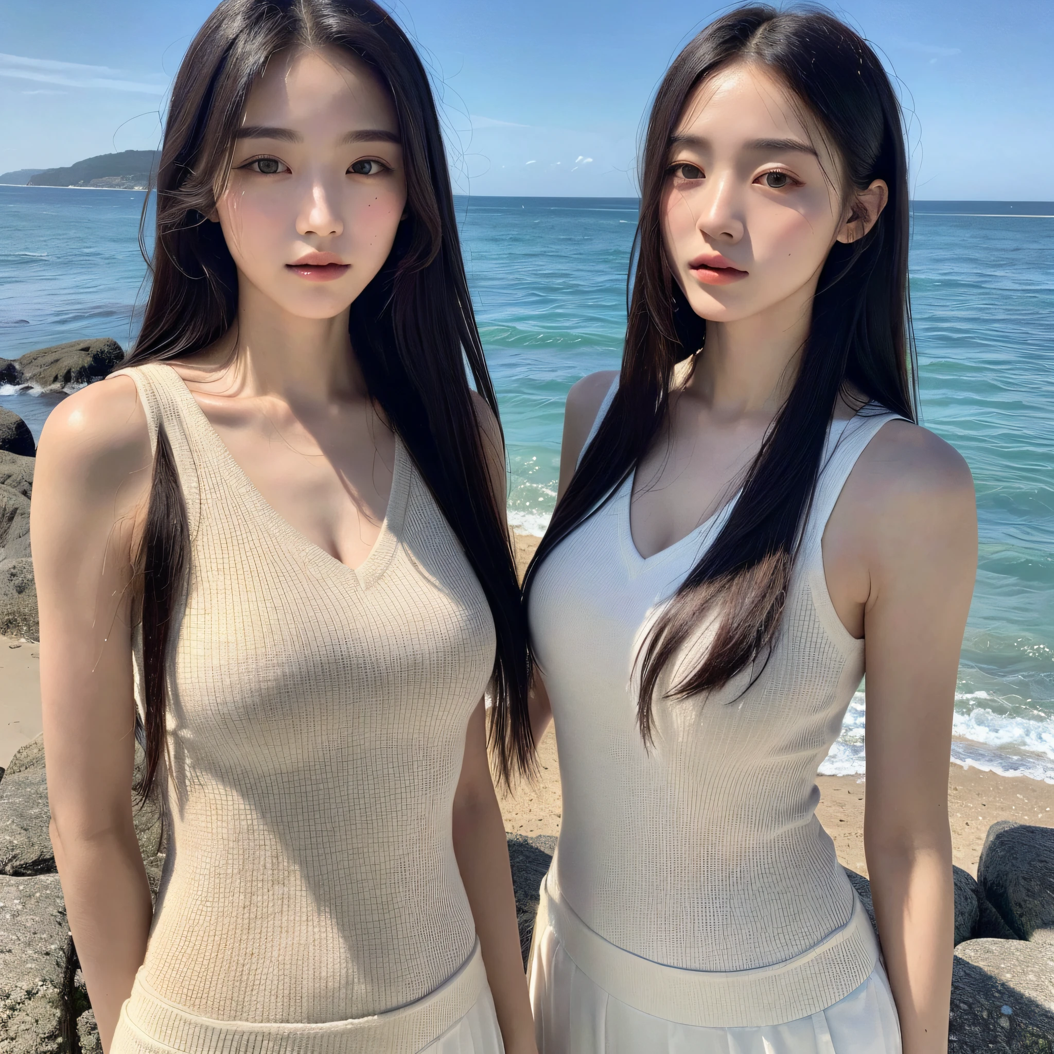 ((Top quality, 8k, Masterpiece: 1.3)), beauty, hidden face, 1 girl, beauty: 1.3, slender abs: 1.1, camisole vest, long black hair, (standing by the sea), ultra-detailed face, highly detailed lips, detailed eyes, double eyelids