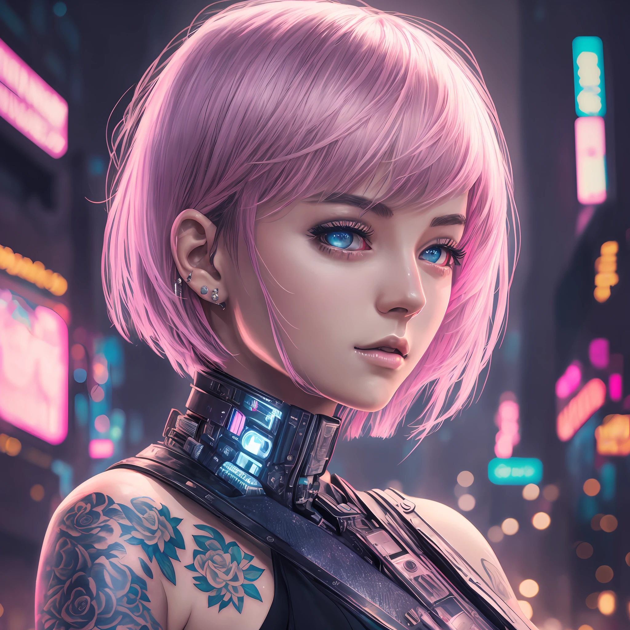 8K, masterpiece, best quality, night, ung woman, mature woman, Tattoos, Silver hair, short hair, light pink lips, calm, rational, bangs, Cyberpunk, Technology, technological, Digital sparkles, Android --auto --s2