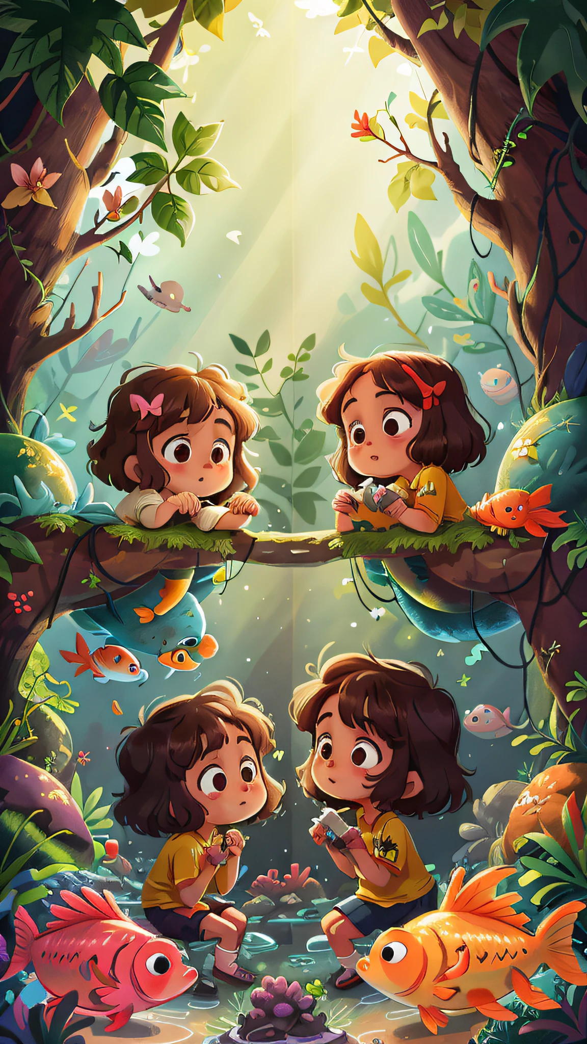 Two twin girls looking at the fish in the aquarium, curly brown hair.