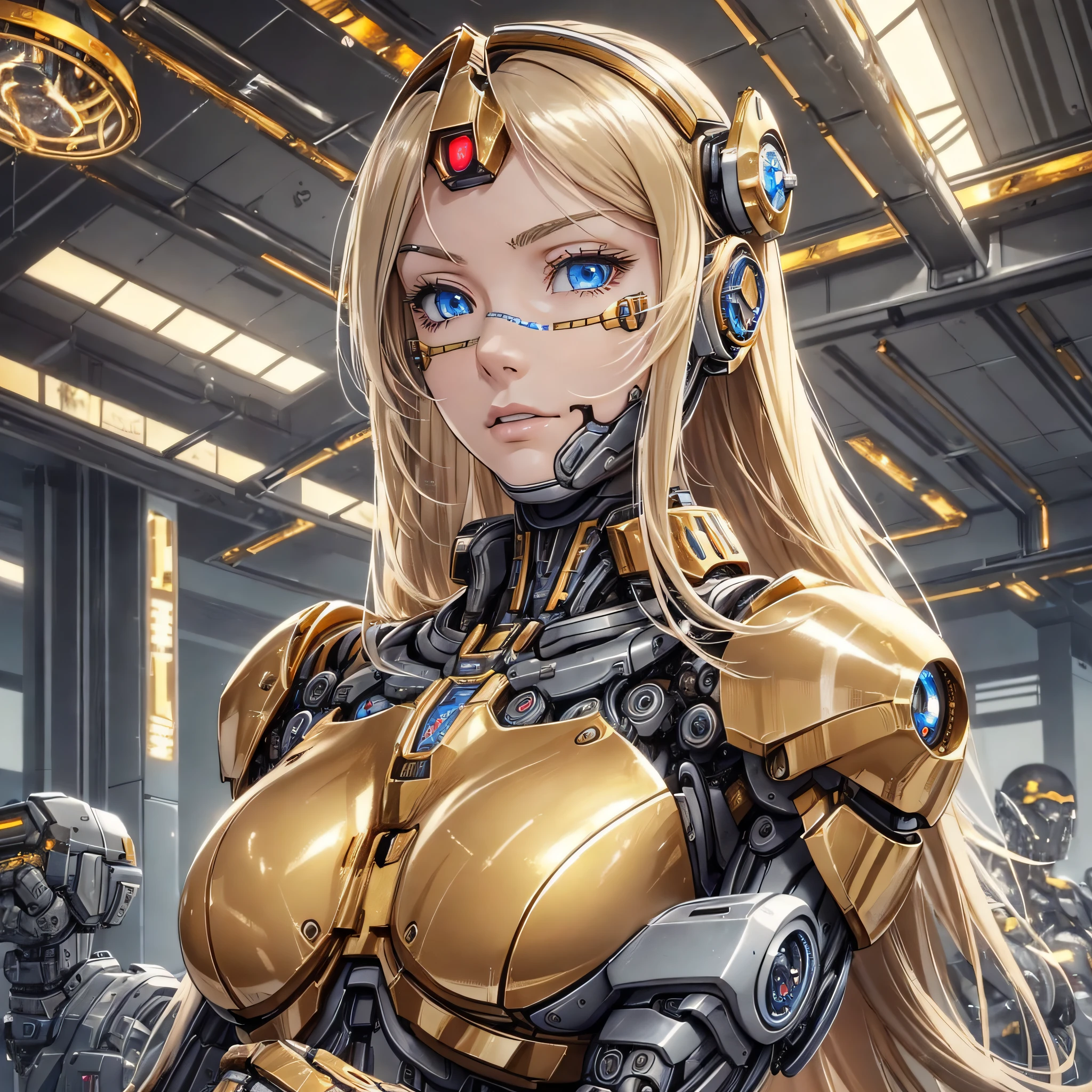 1girl, solo, gorgeous blonde Swedish girl photorealistic, 8K, ultra-realistic, extremely detailed, perfect body very detailed, ((cyborg:1.4))), cyborg girl, cyborg armor, cyborg clothes, fine details, pale blue eyes, bust, big breasts:0.5, (((long hair floating)))), pov, female focus, air bangs, static pose, crossed arms, dynamic angle, close-up, ((golden metallic color | red metallic color | metallic metallic color))), (((Metallic chandelier, reflective metal, mechanical details, extremely mechanical details, complex mechanical structure))), (((Mirrored Power Armor))), futuristic background, cinematic lighting