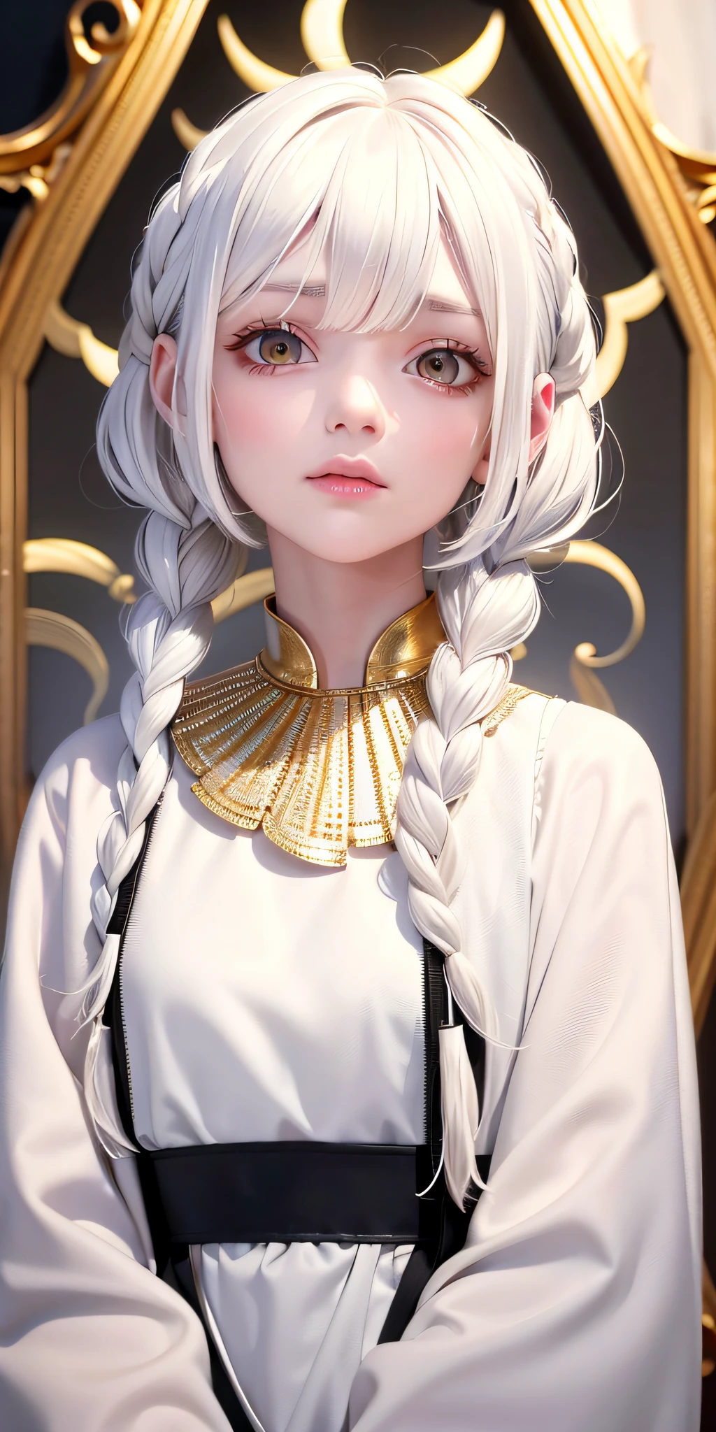 best quality, masterpiece,white hair, gold eyes,white clothes, looking up, upper body,hair strand,Fair skin,side braids